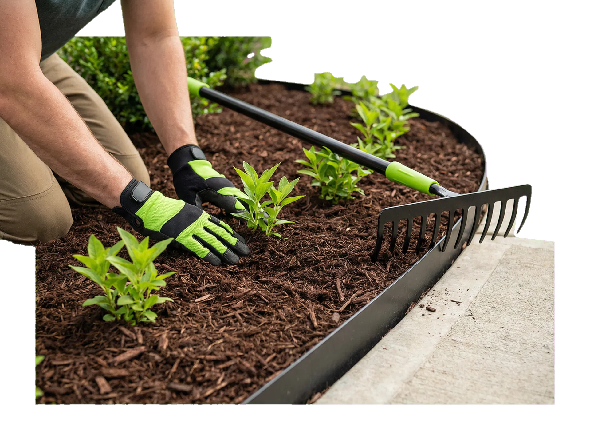 Mulch being spread around a clean garden bed with fresh plants