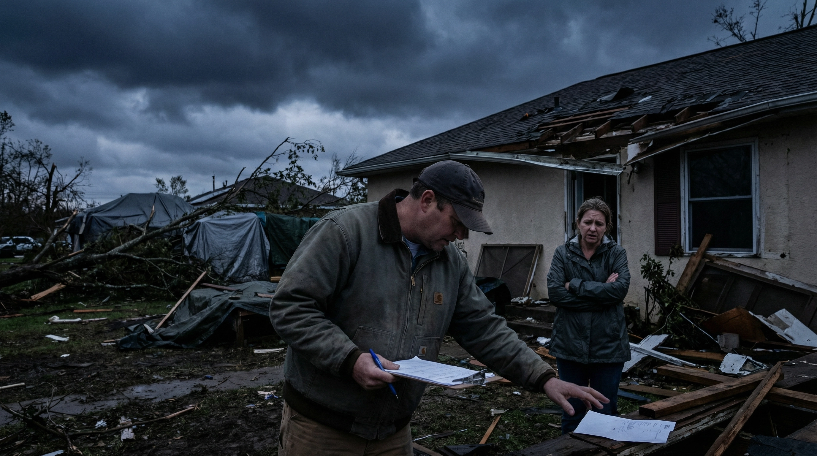 Damaged home after hurricane with contractor trucks outside