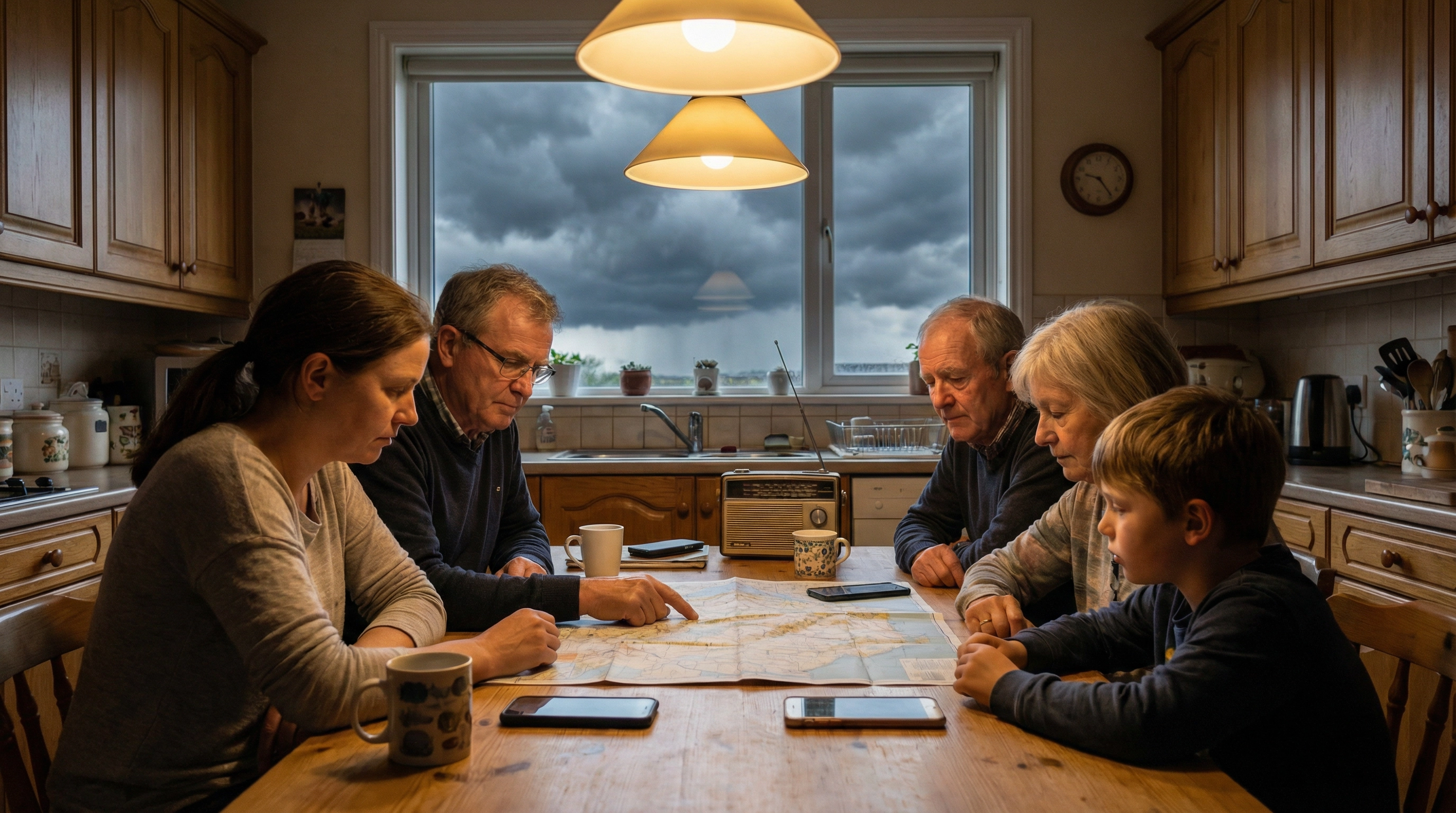 Family reviewing hurricane communication plan together