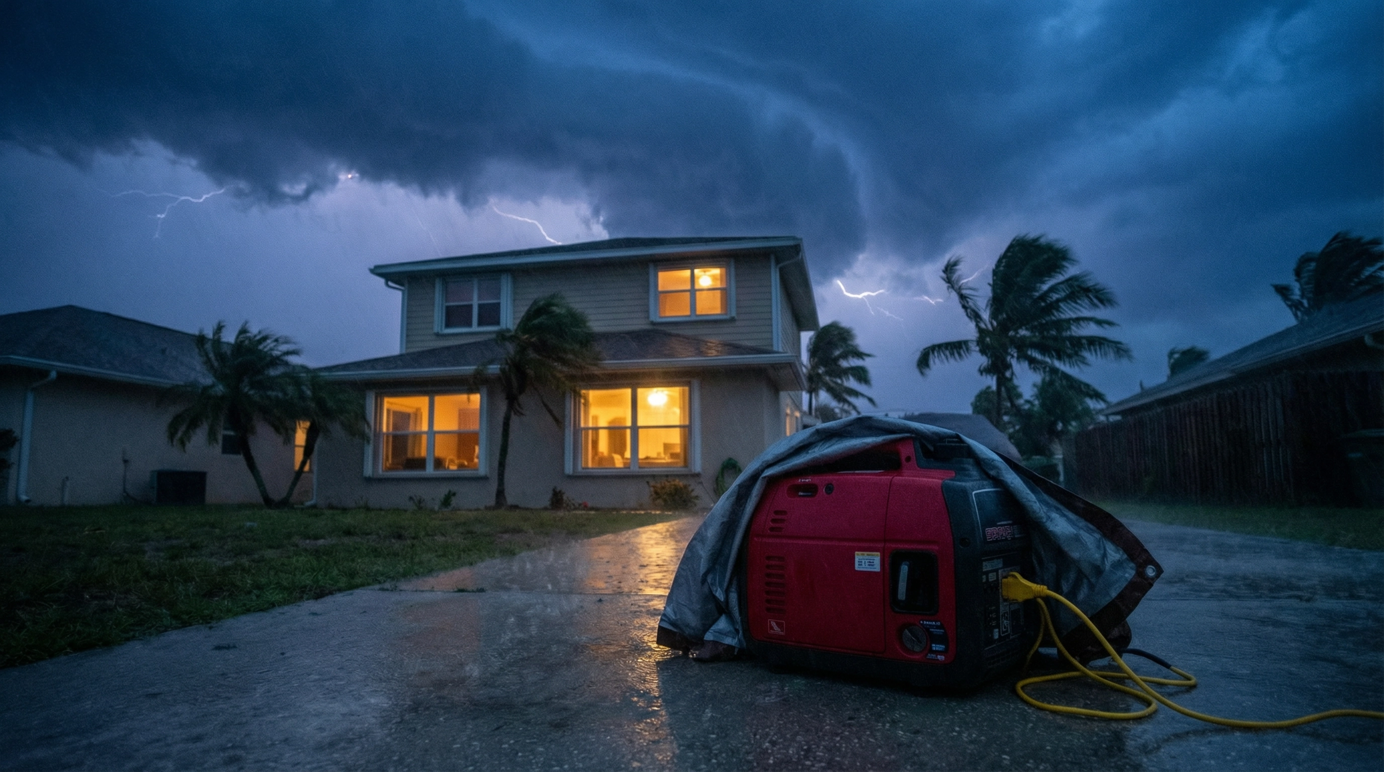 Portable generator running outside a home after a hurricane