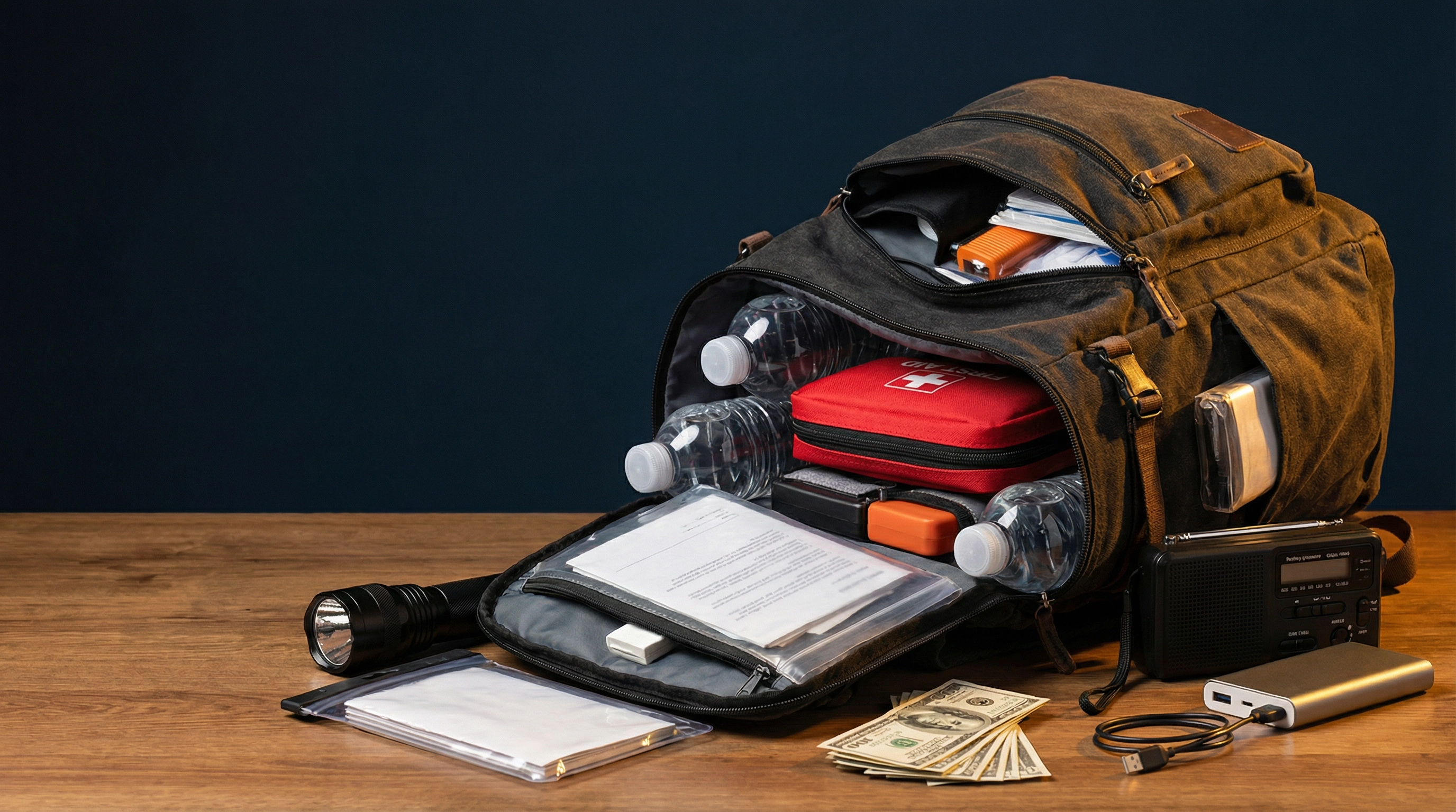 Emergency go-bag packed with supplies for hurricane evacuation