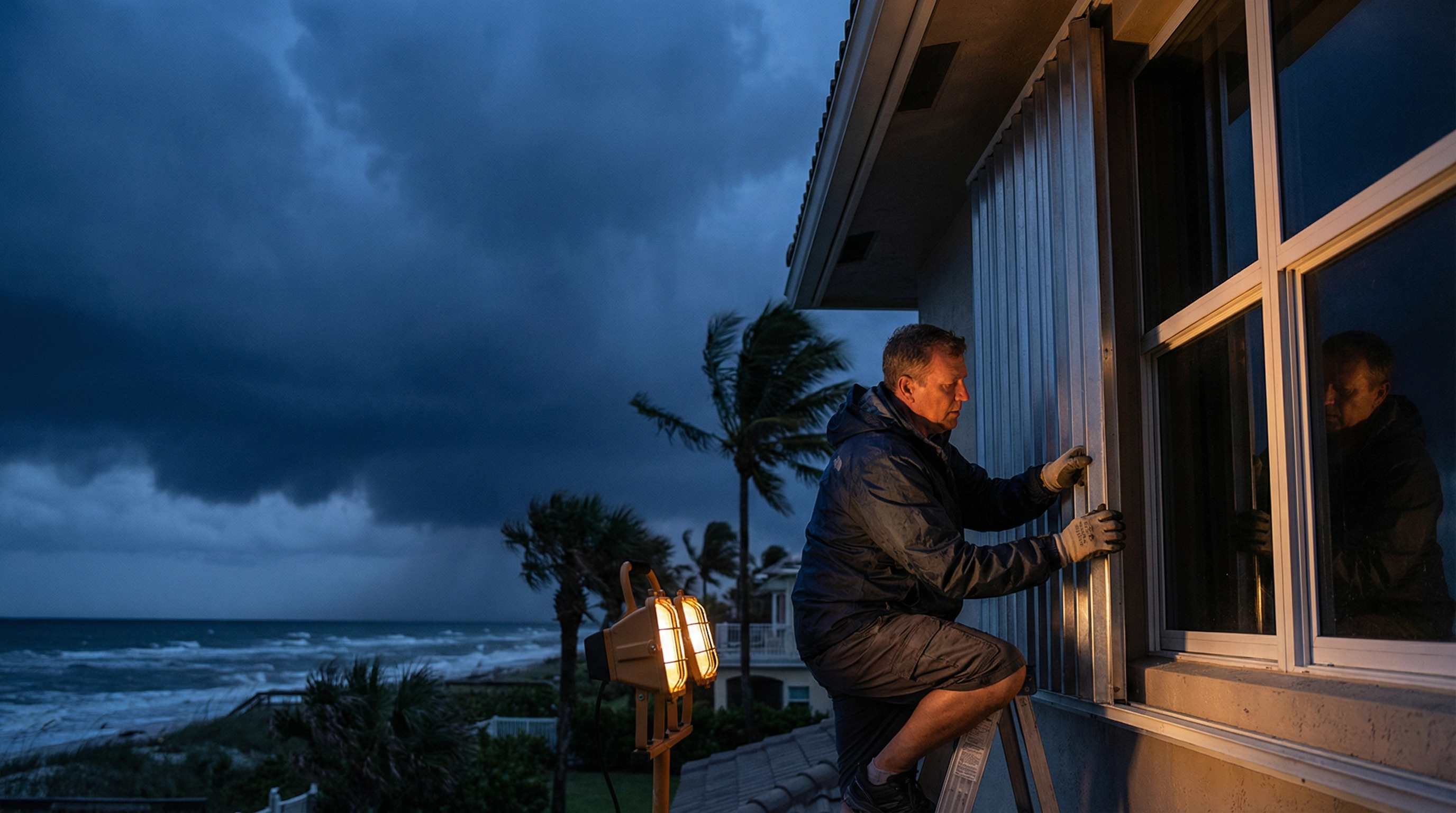 Homeowner installing hurricane shutters before storm season