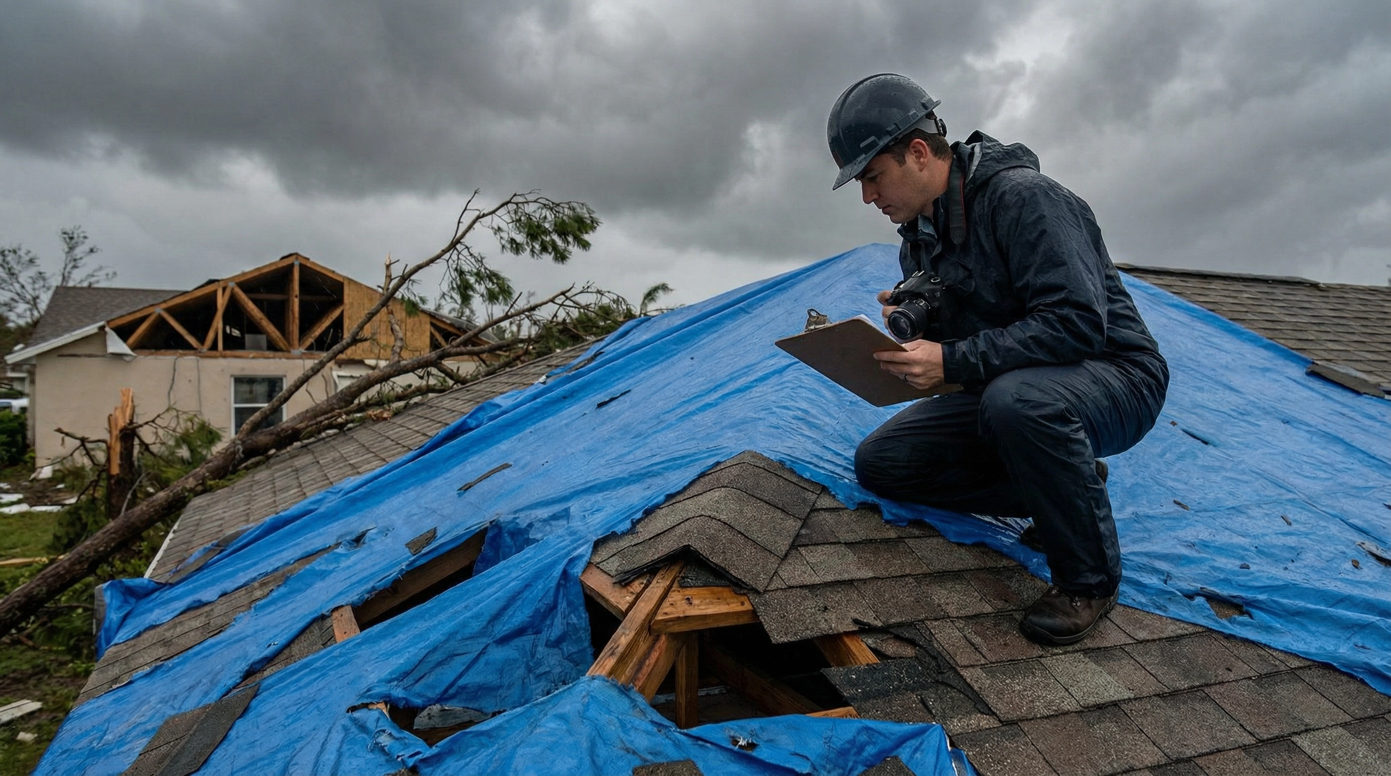 Homeowner reviewing insurance documents after hurricane damage