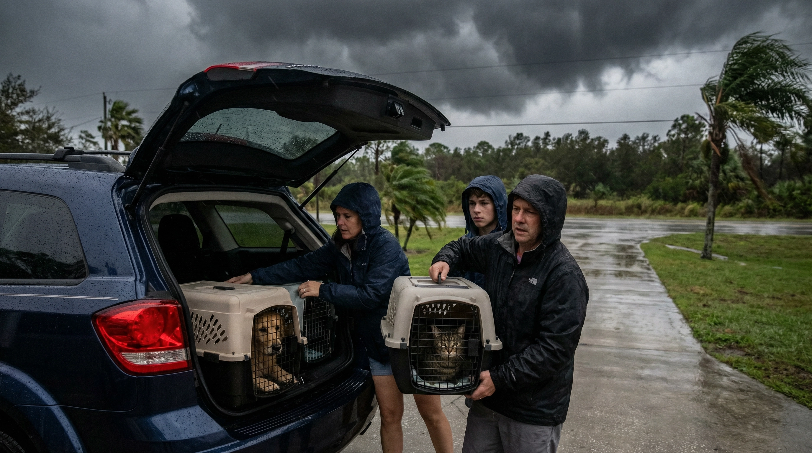 Dog and cat in carriers ready for hurricane evacuation