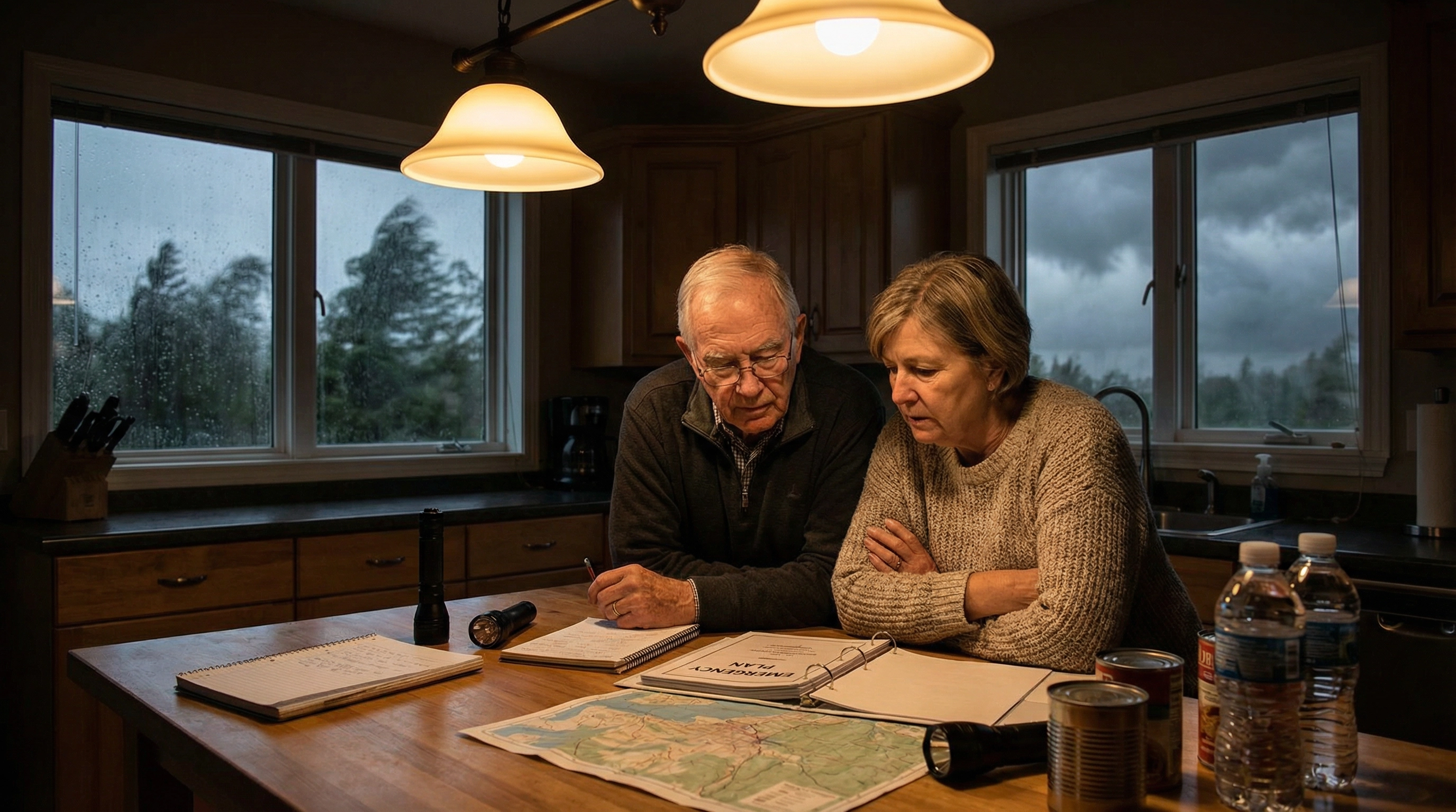 Senior couple reviewing hurricane evacuation plan at home