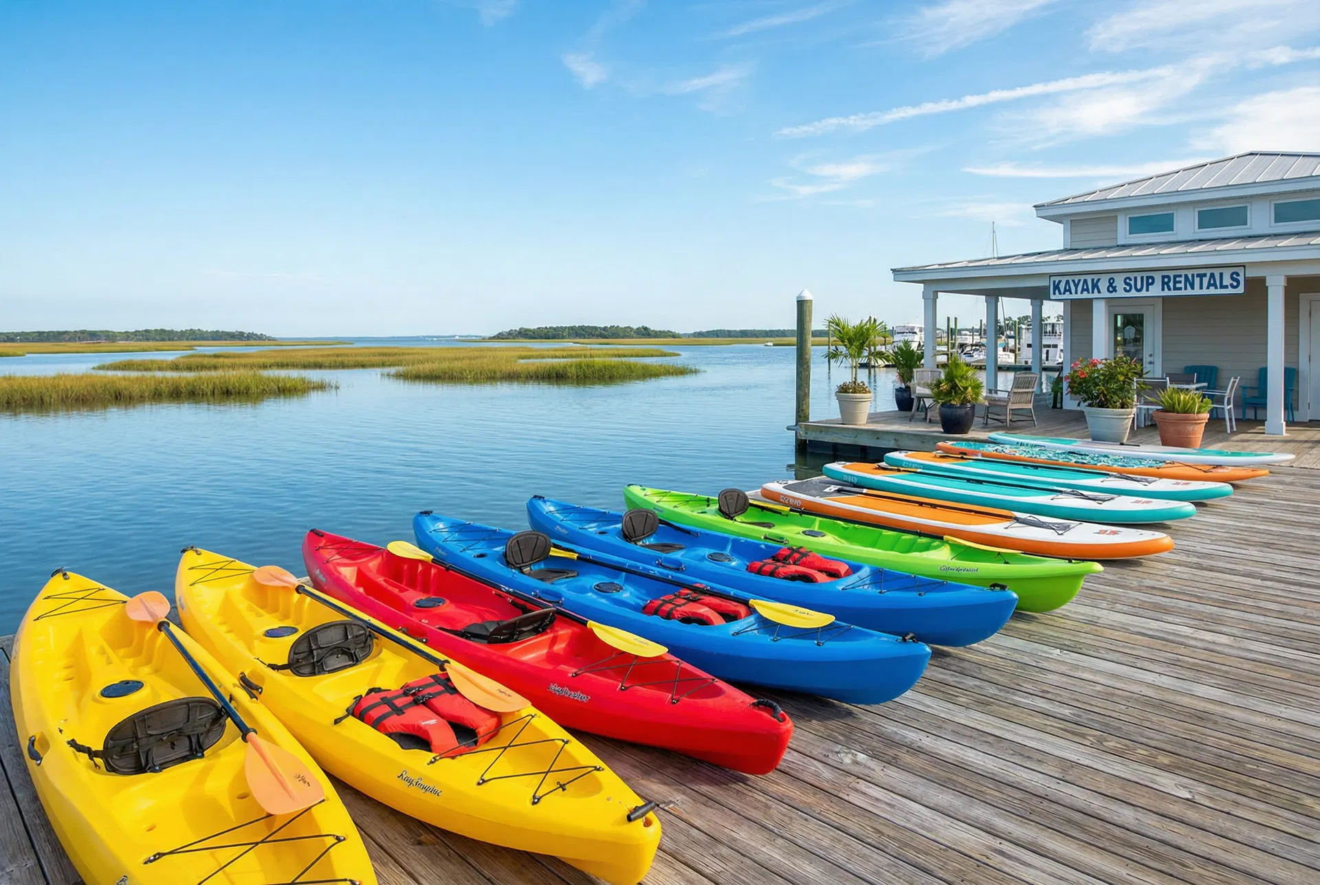 Kayak rentals at Murrells Inlet dock