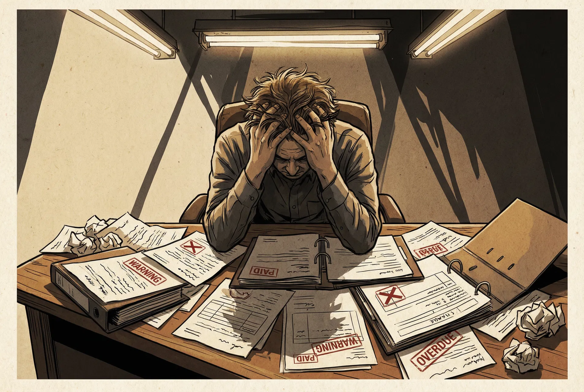 Empresário sobrecarregado com documentos fiscais