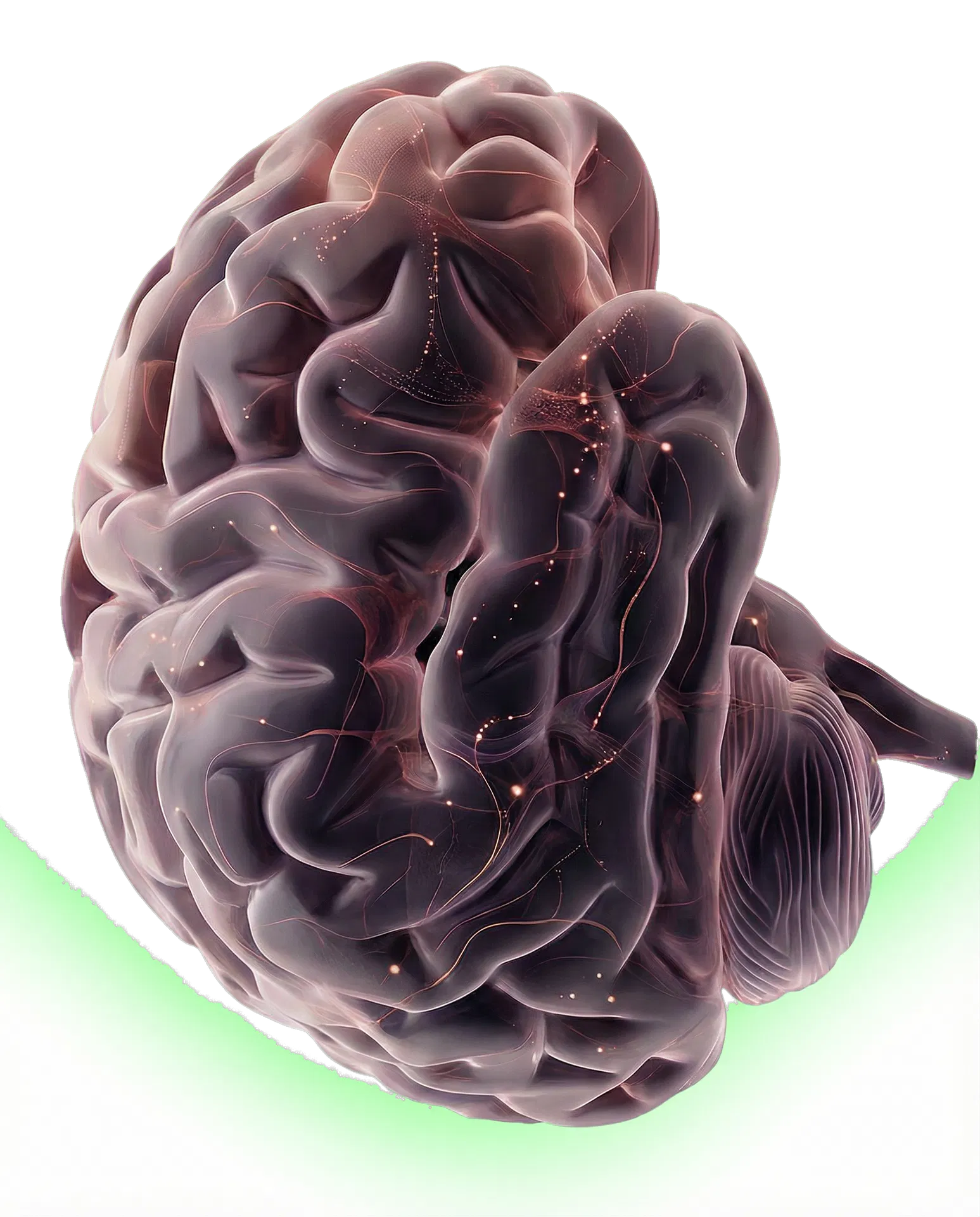 Close sofisticado de cérebro com atividade neural sutil em tons ameixa