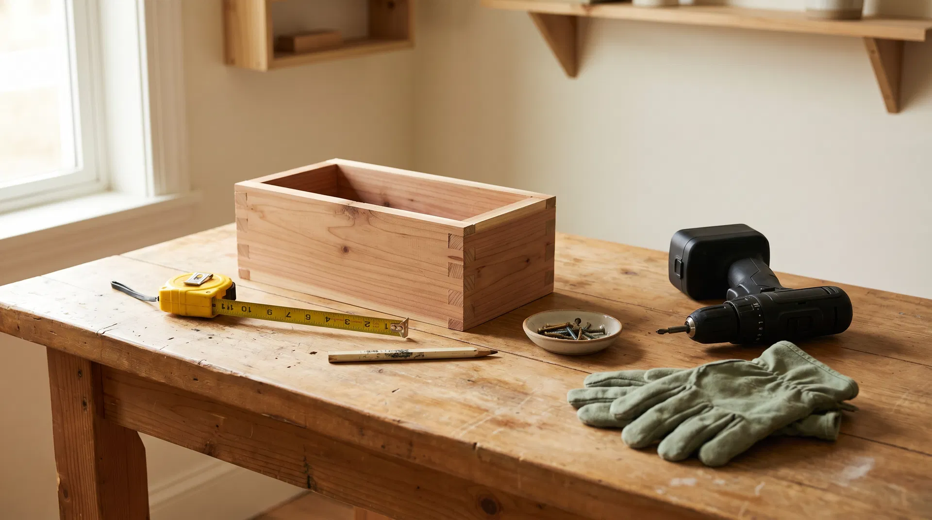A tidy workshop table with a partially built cedar planter, hand tools, and work gloves