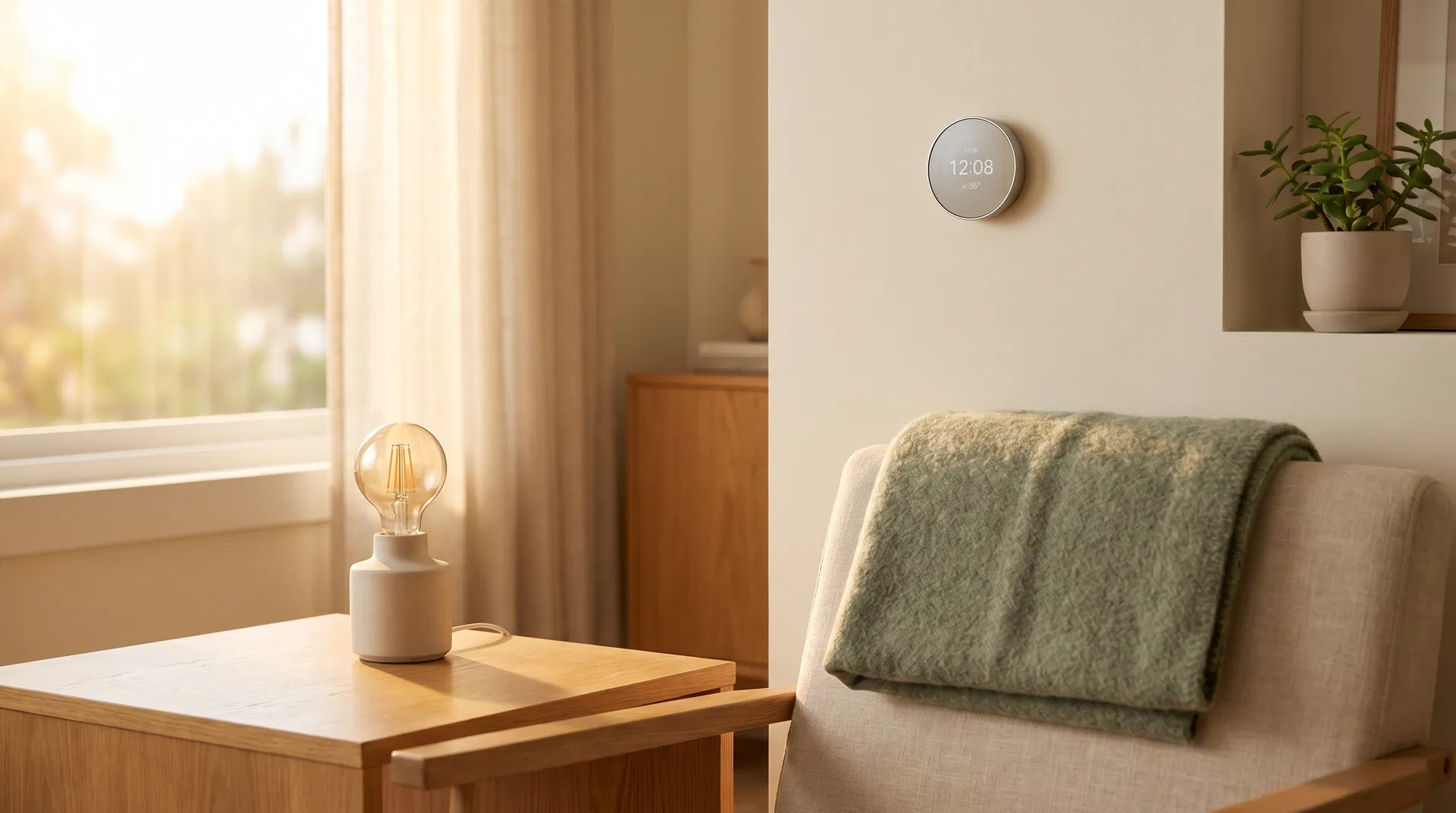 A calm, sunlit home interior with energy-efficient lighting and a smart thermostat