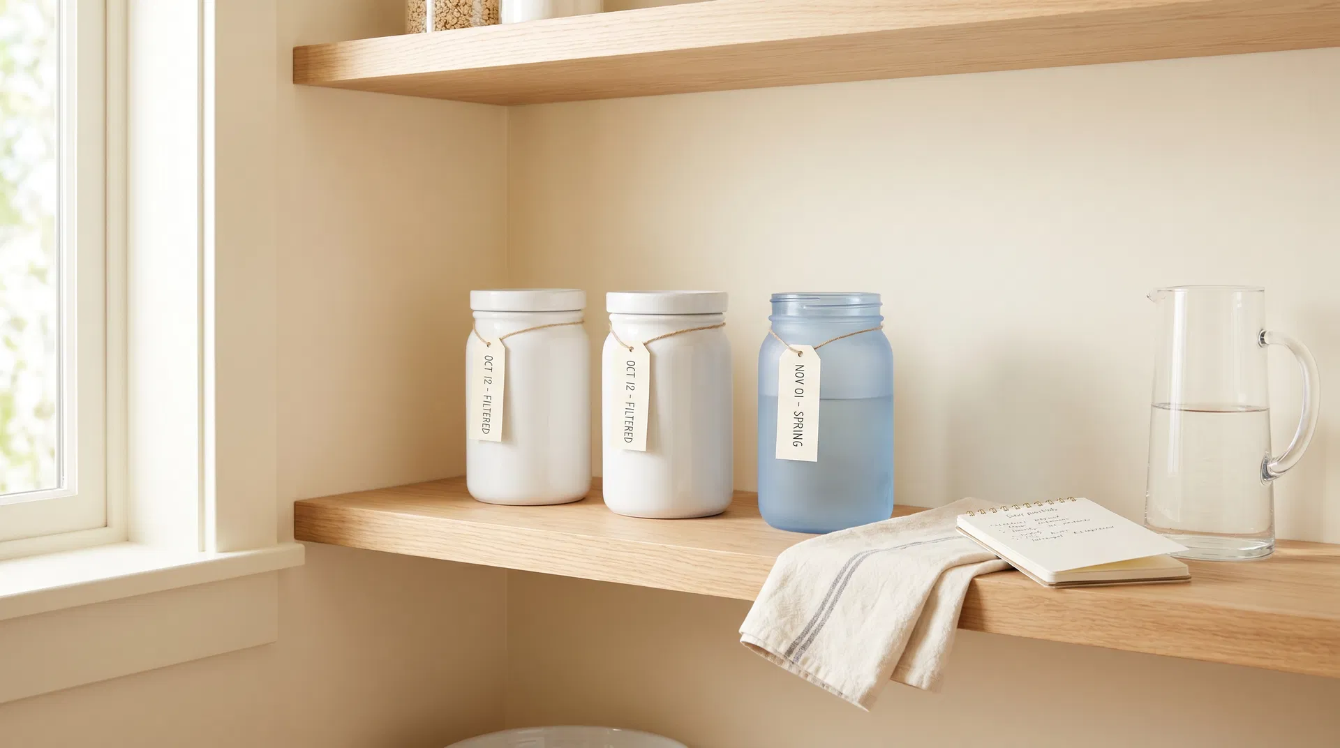 Neatly labeled water storage containers on a natural wood pantry shelf