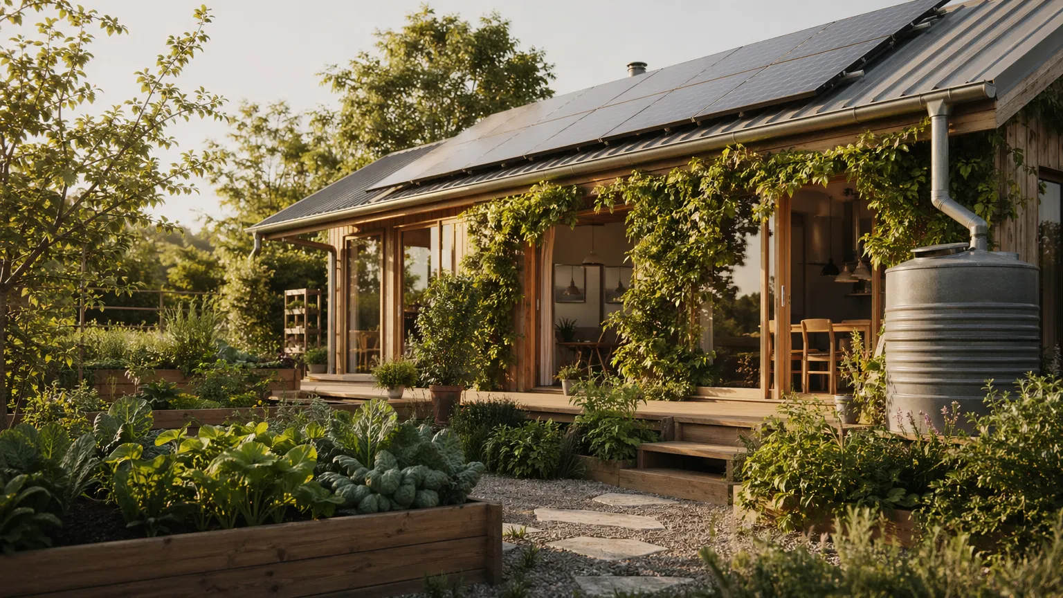 Sustainable home with solar panels and garden