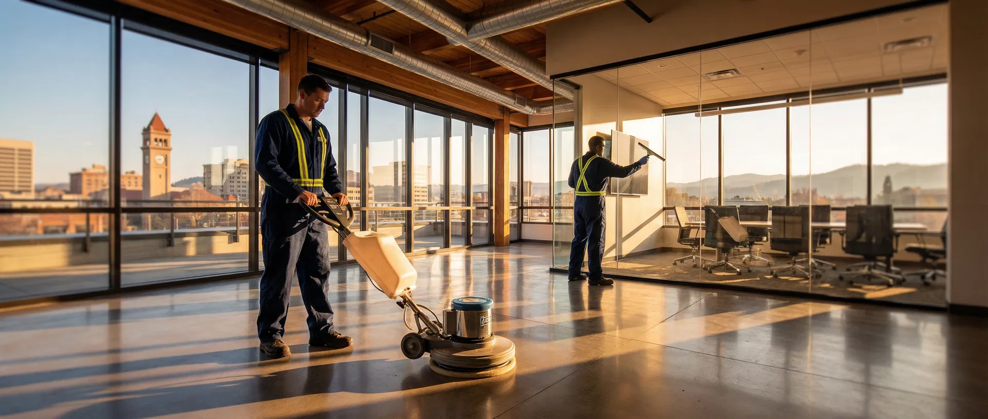 Professional commercial cleaning team at work in Spokane