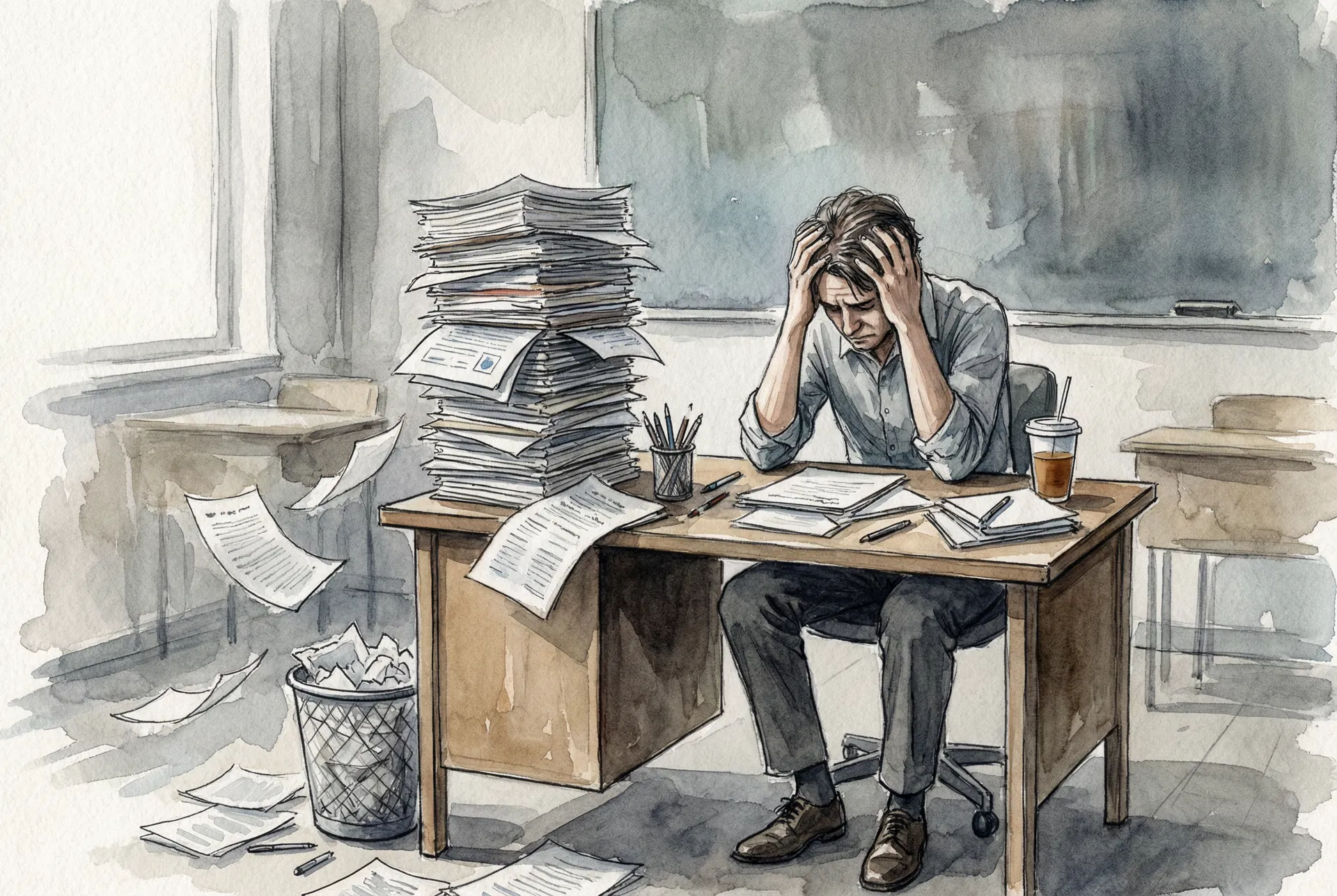 Overwhelmed teacher with stacks of clinical reports