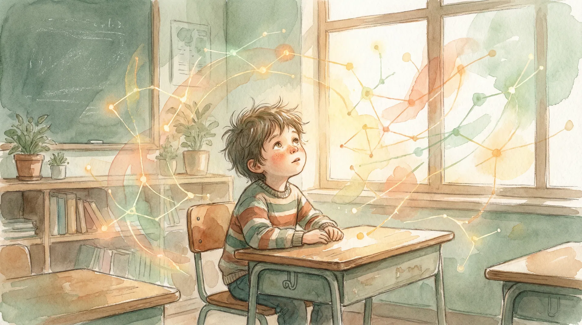 A child in a classroom surrounded by glowing neural pathways