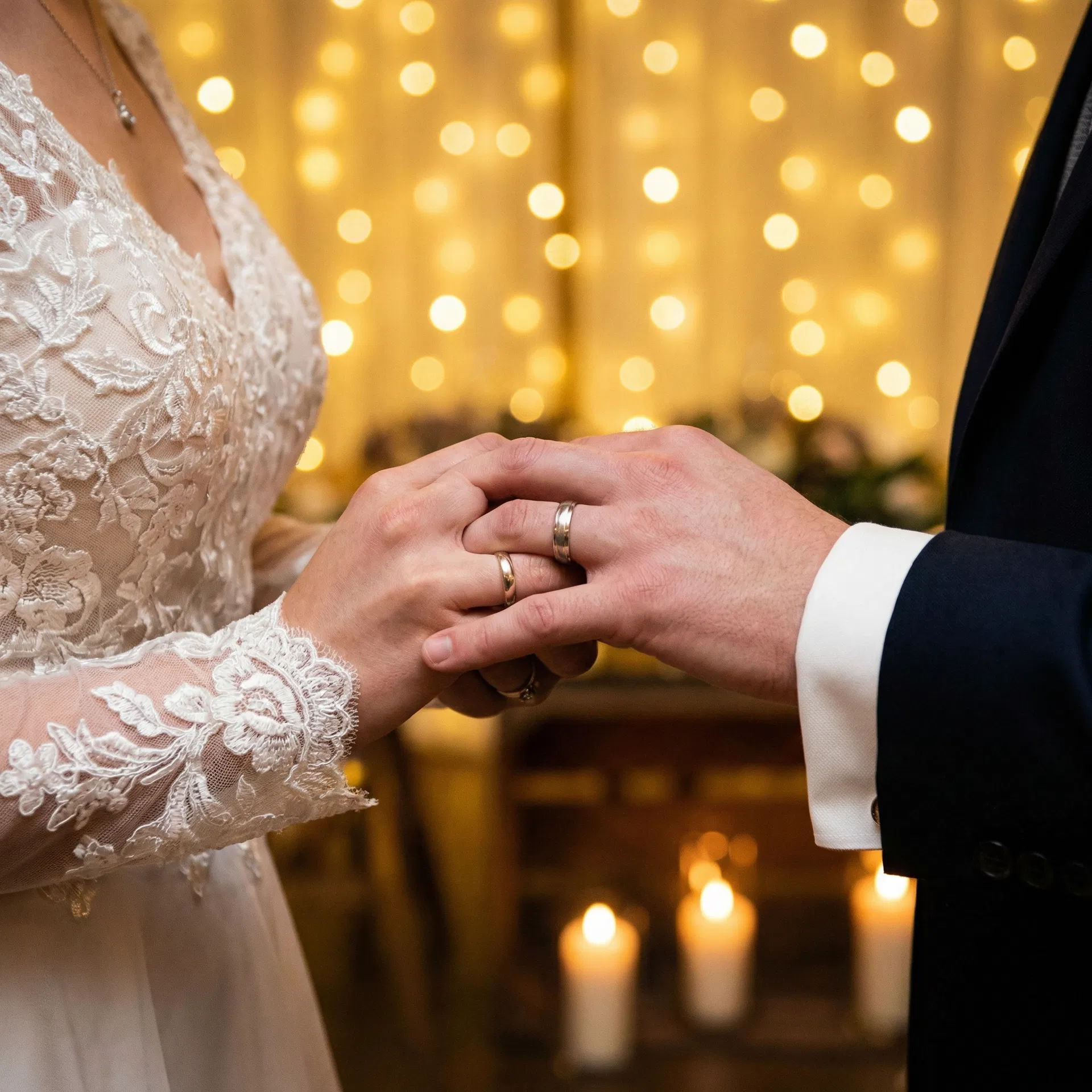 Bride and groom's hands intertwined during their first dance