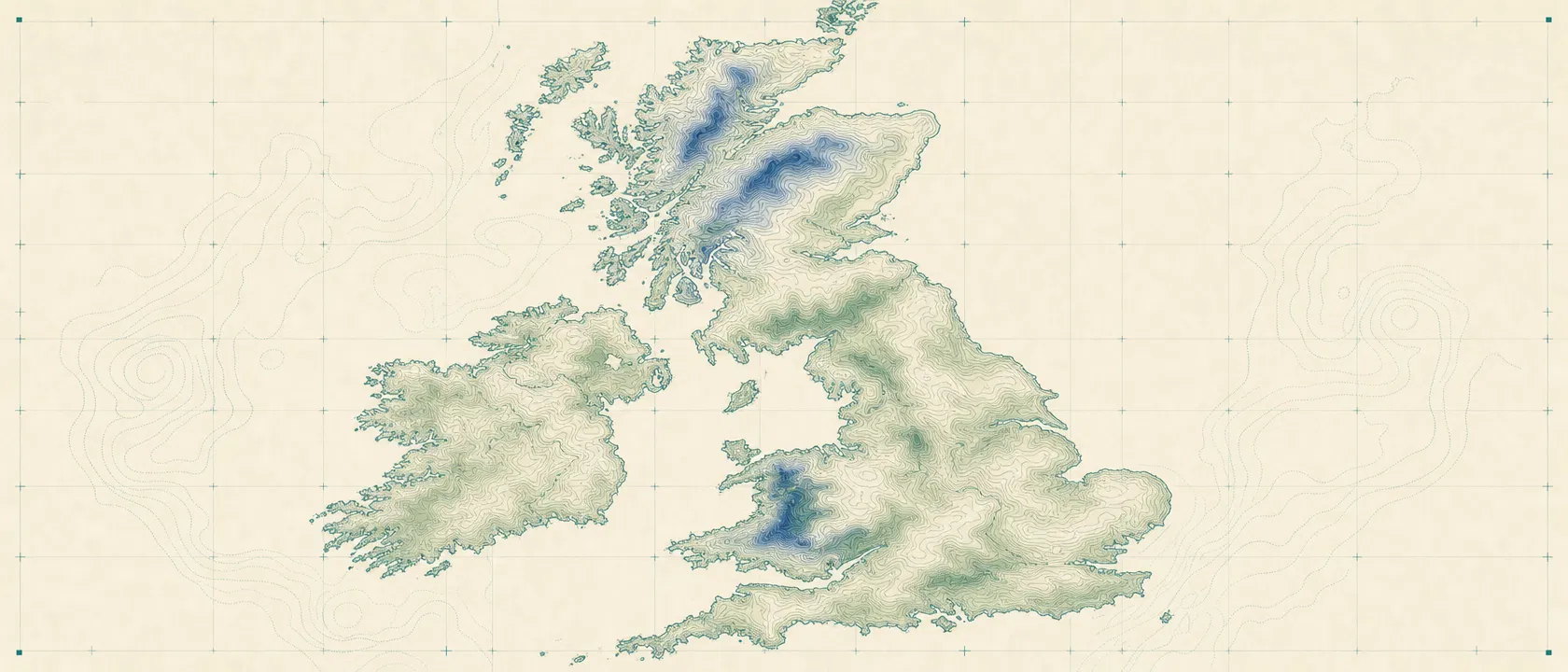 Abstract topographic map of the United Kingdom representing clinical trial research landscape
