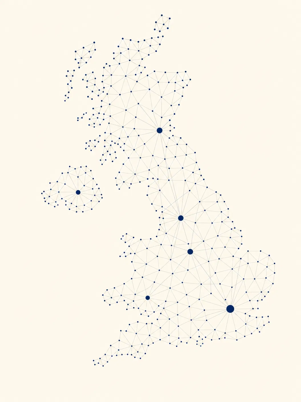 Abstract map of UK clinical trial network showing major research hubs