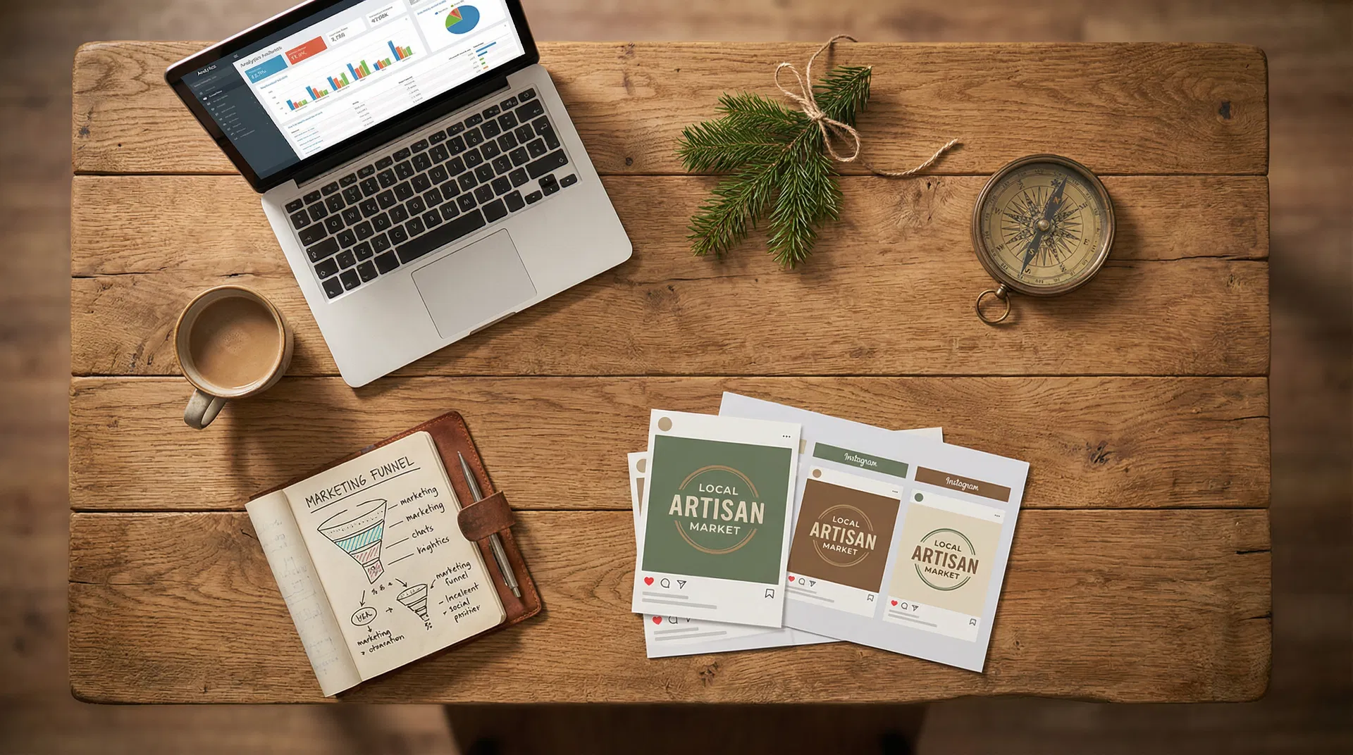 Marketing workspace with strategy materials