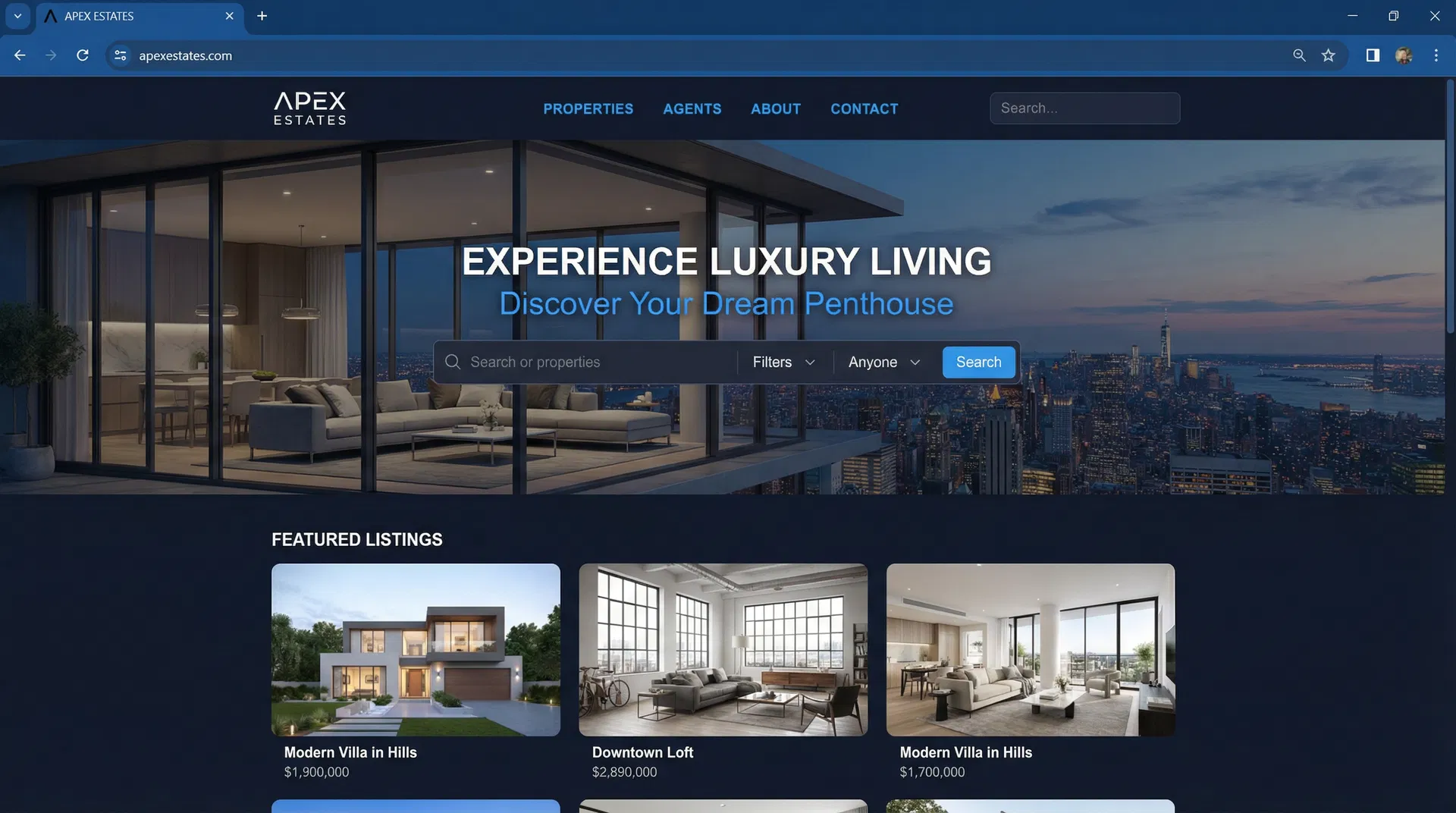 WebCronix Referenzprojekt: APEX Estates – Premium real estate website with property search, featured listings and elegant dark design