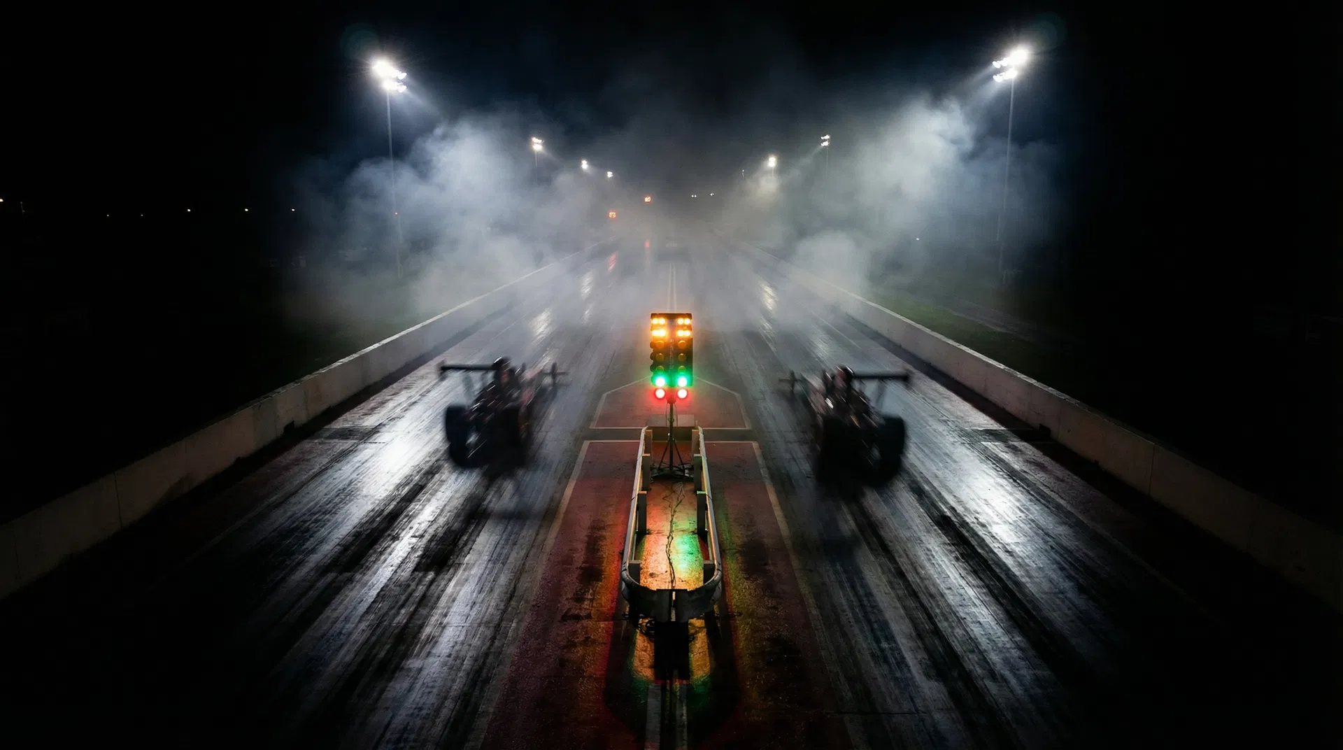 Drag racing starting line at night, ready to launch