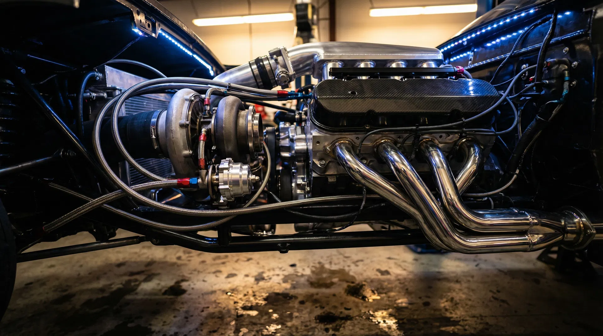 High-performance race car engine bay at Owen's Performance and Tuning shop