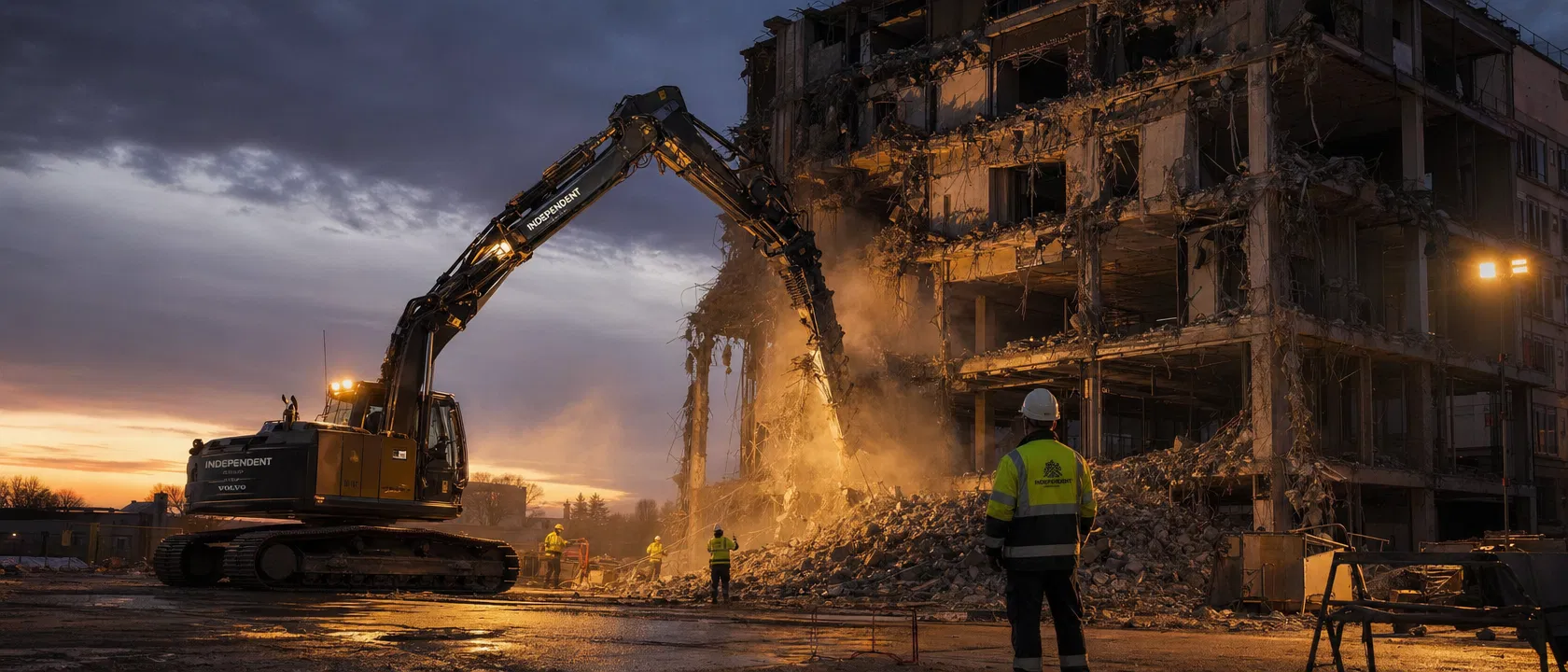 Demolition site at dusk