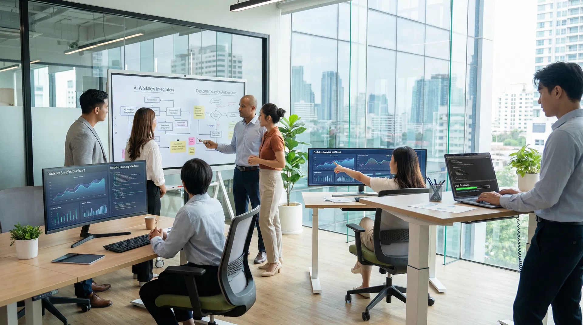 Business team implementing AI solutions in modern office