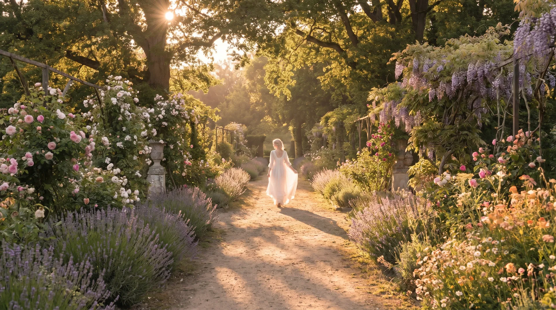 Sun-dappled path through Petit Trianon gardens
