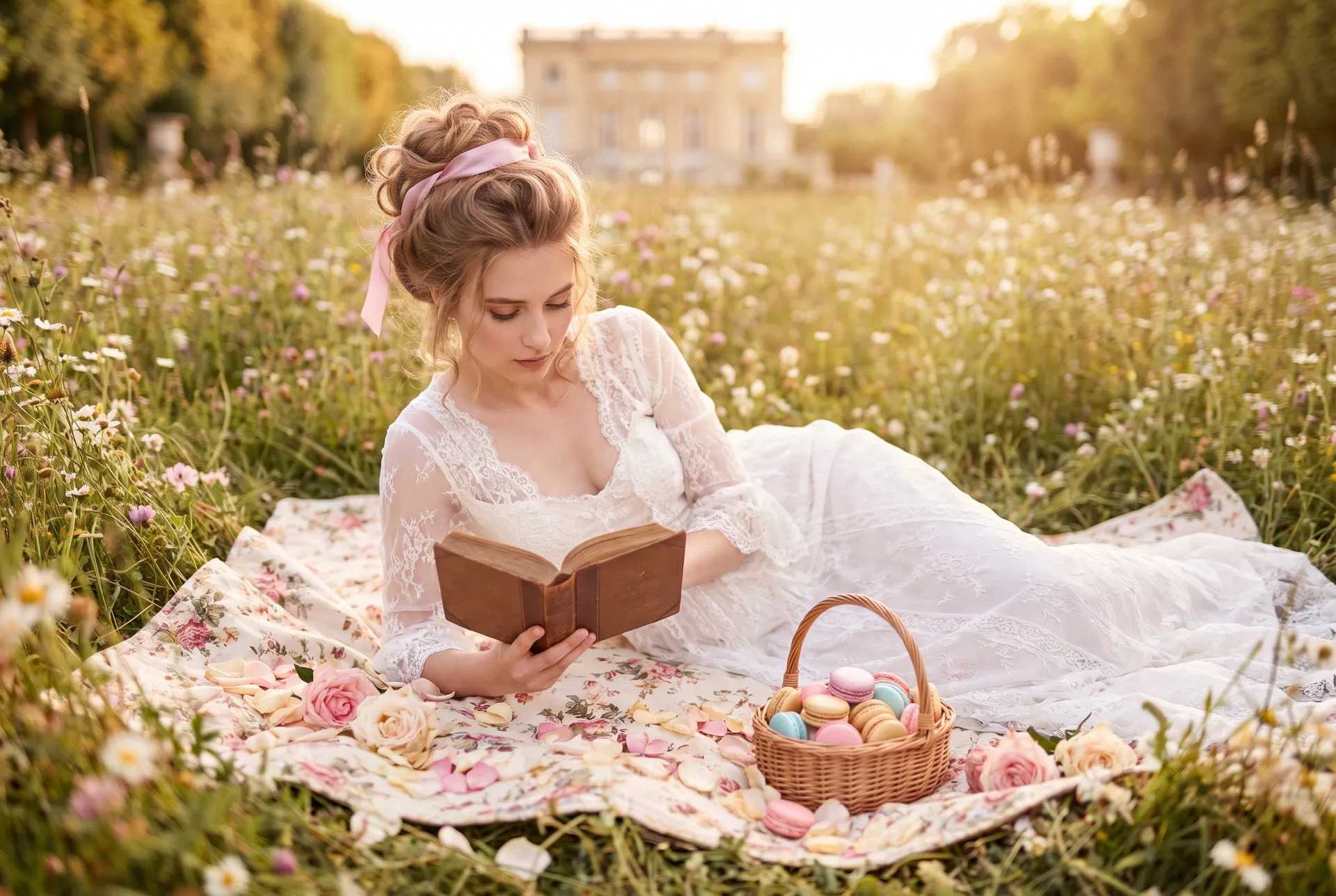 Woman reading in wildflower meadow near Petit Trianon