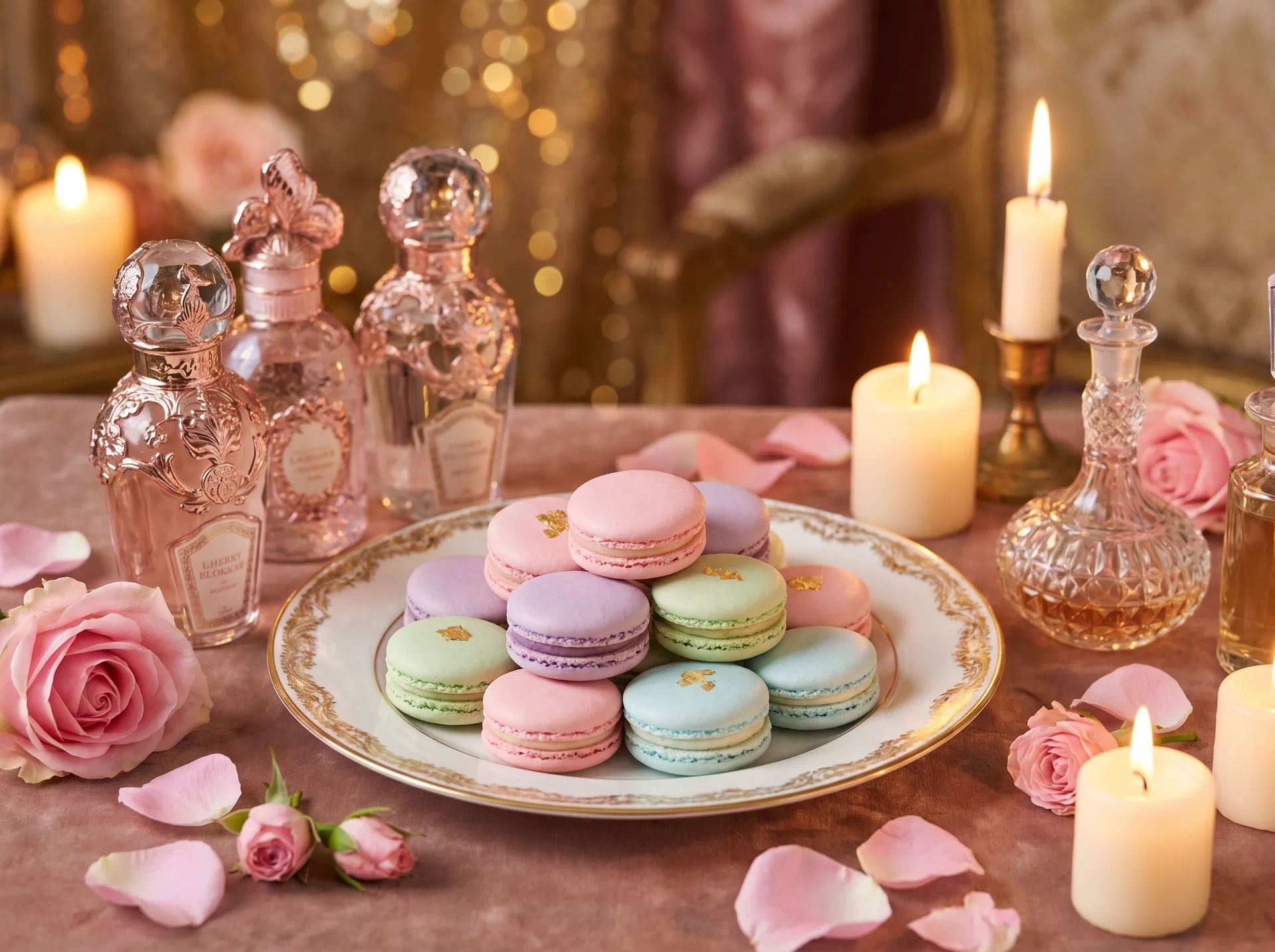 Pastel macarons and crystal perfume bottles