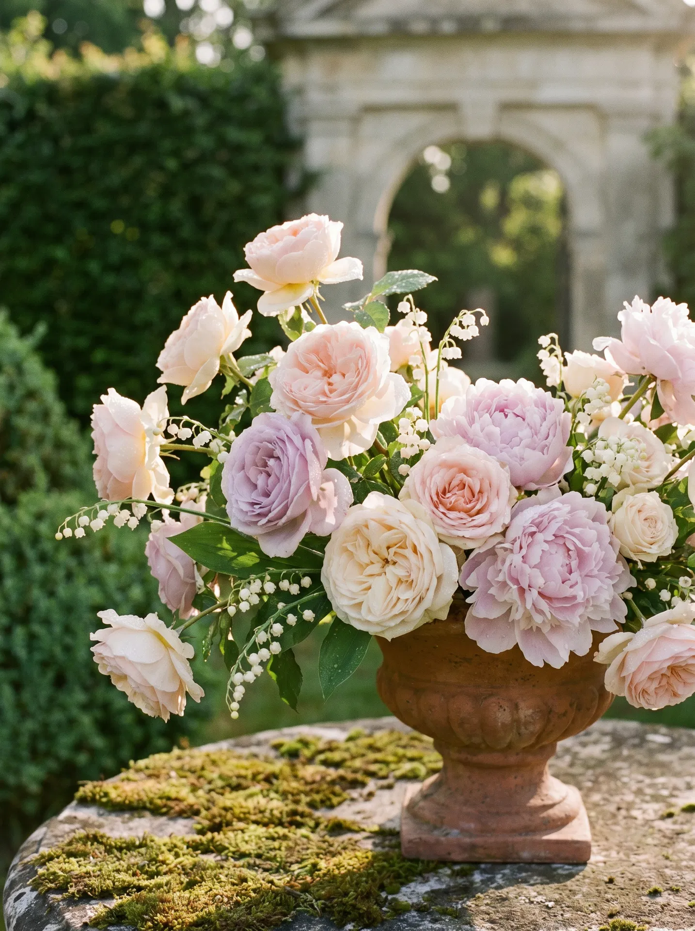 Garden roses and lily of the valley
