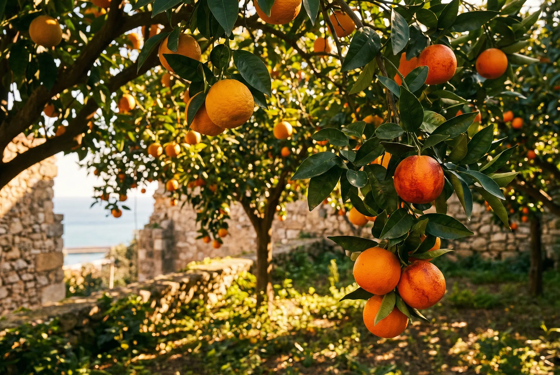 Sicilian citrus grove in golden light