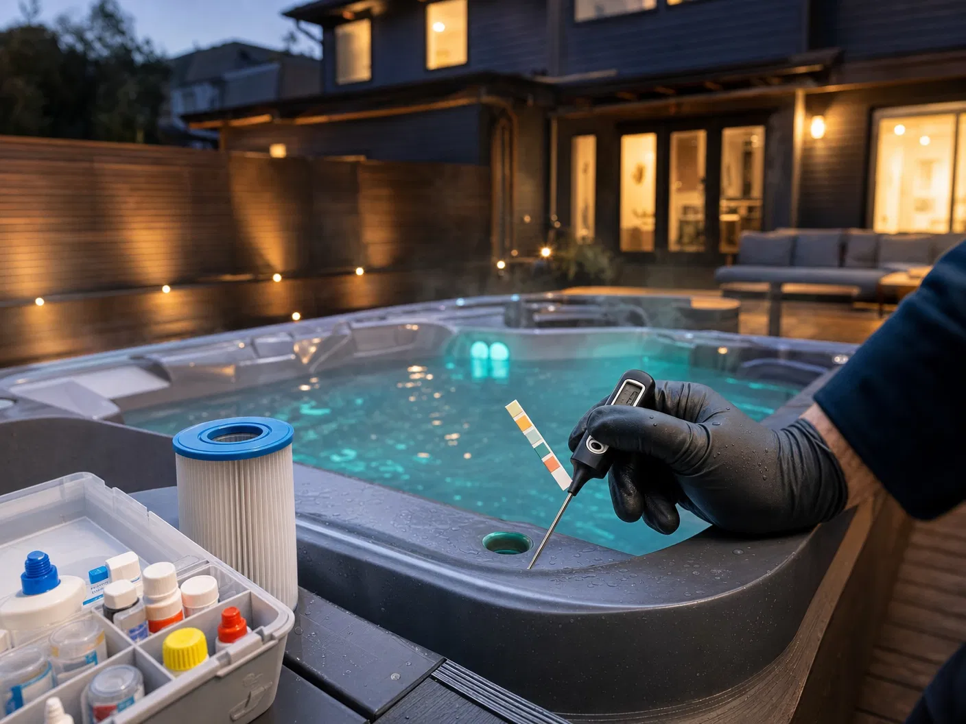 Technician testing a hot tub at a short-term rental