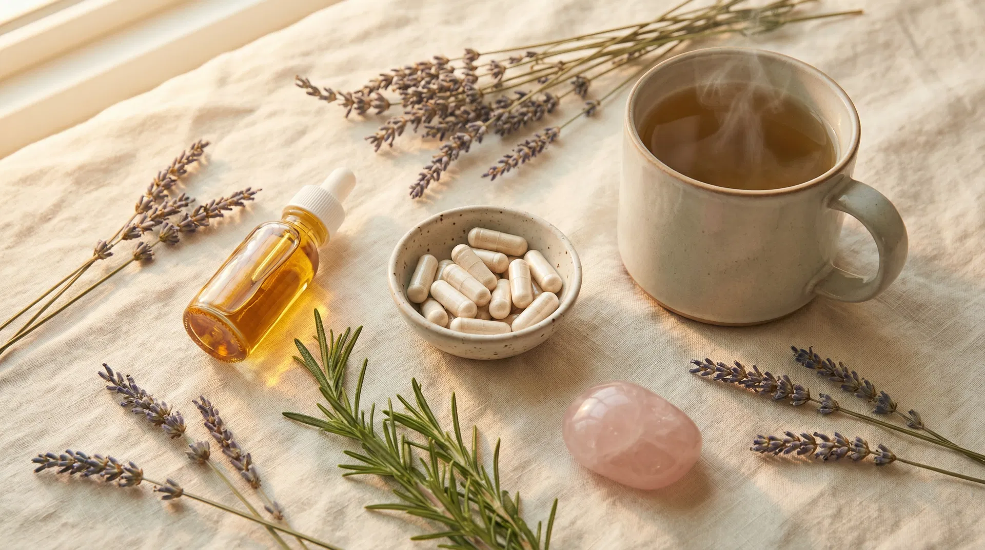 Wellness flatlay with lavender and crystals