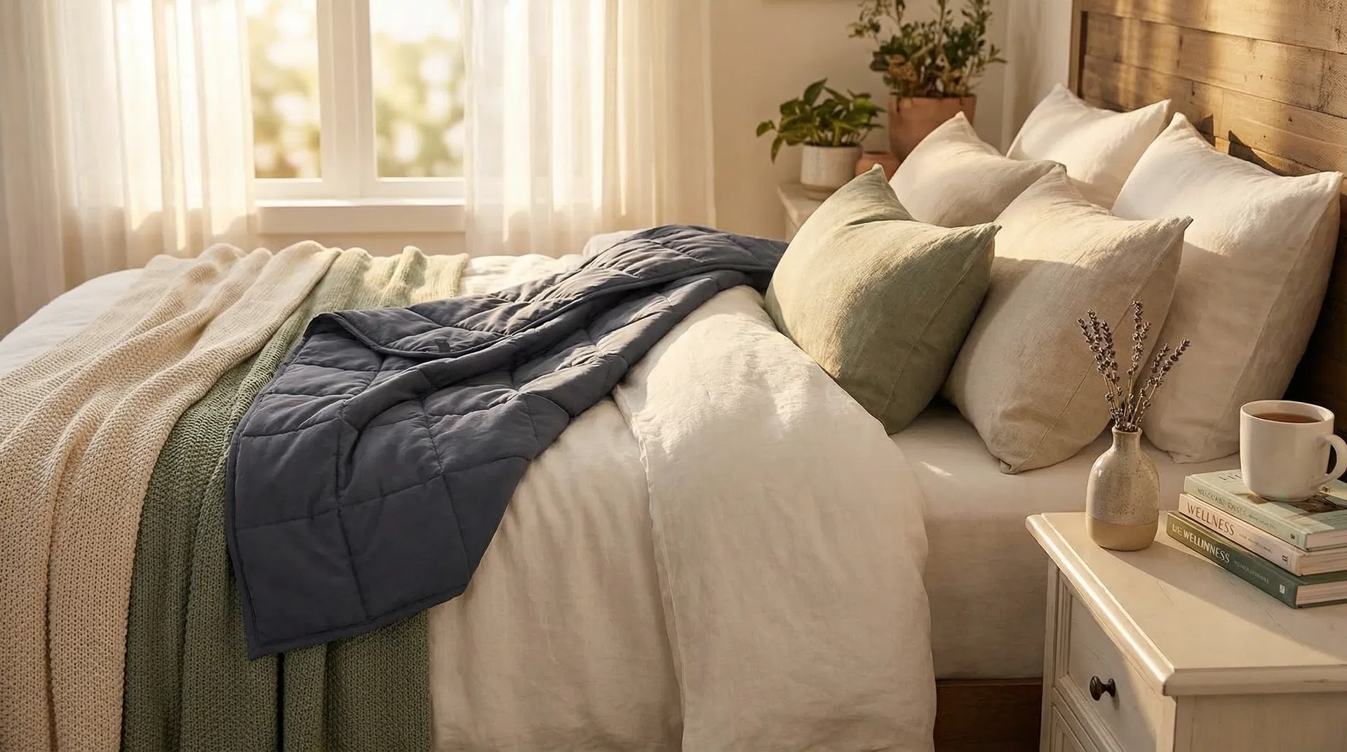 Cozy bedroom with a grey weighted blanket draped over soft white linen bedding, warm morning light