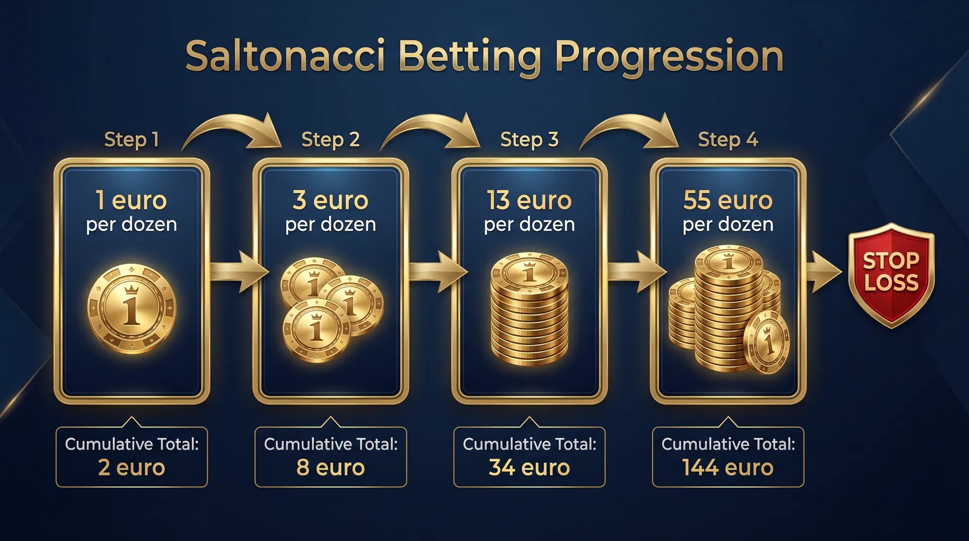 Progressione Saltonacci: sequenza 1-3-13-55 con stop loss