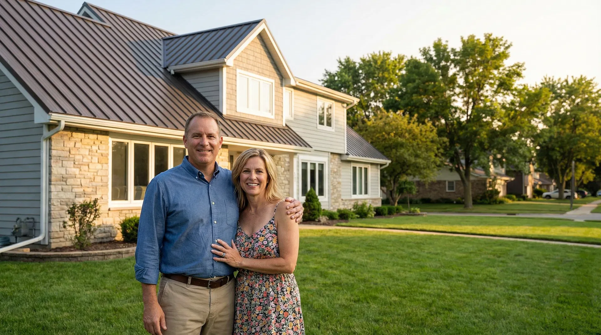 Happy homeowners with their new roof