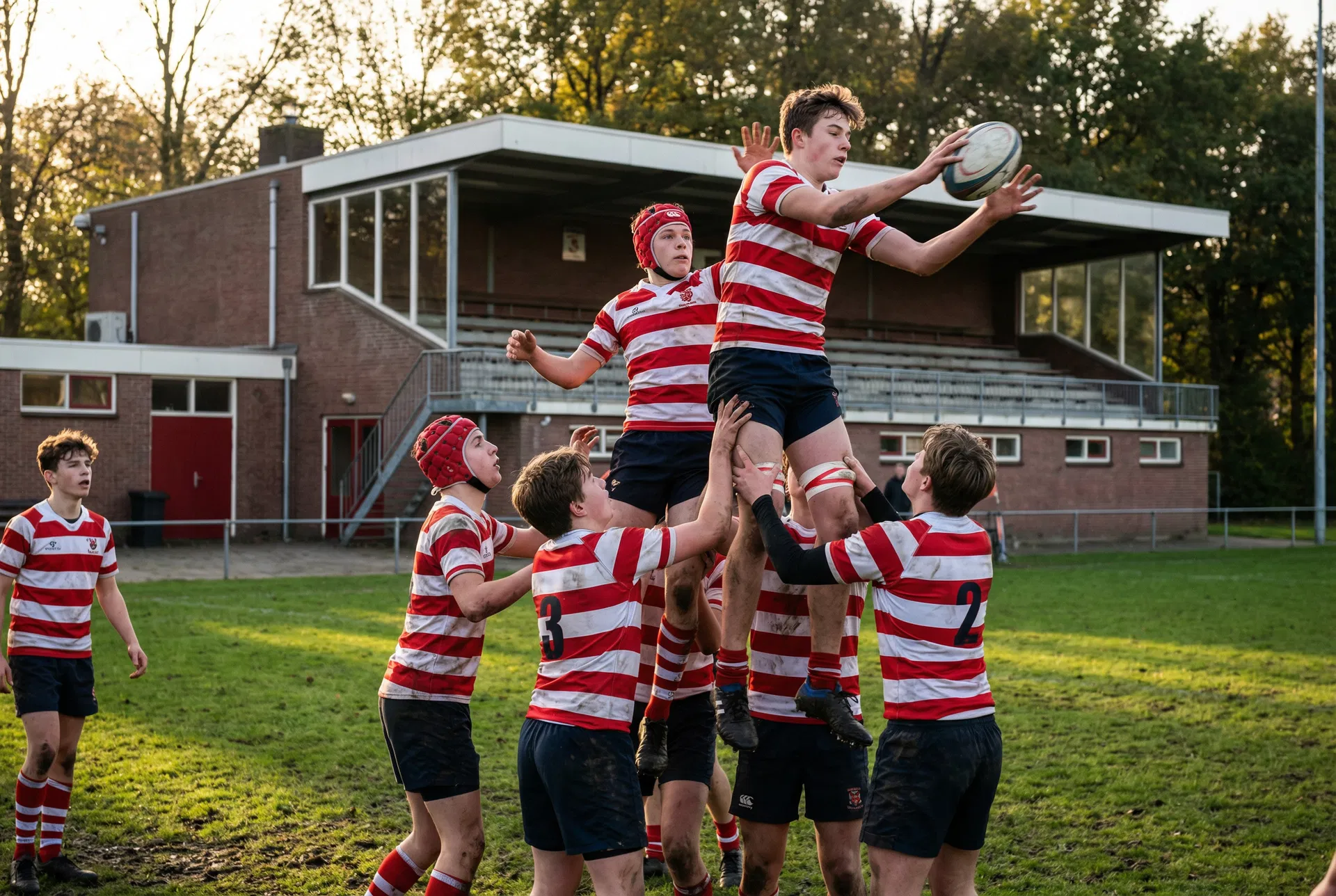 Teenage rugby players in action