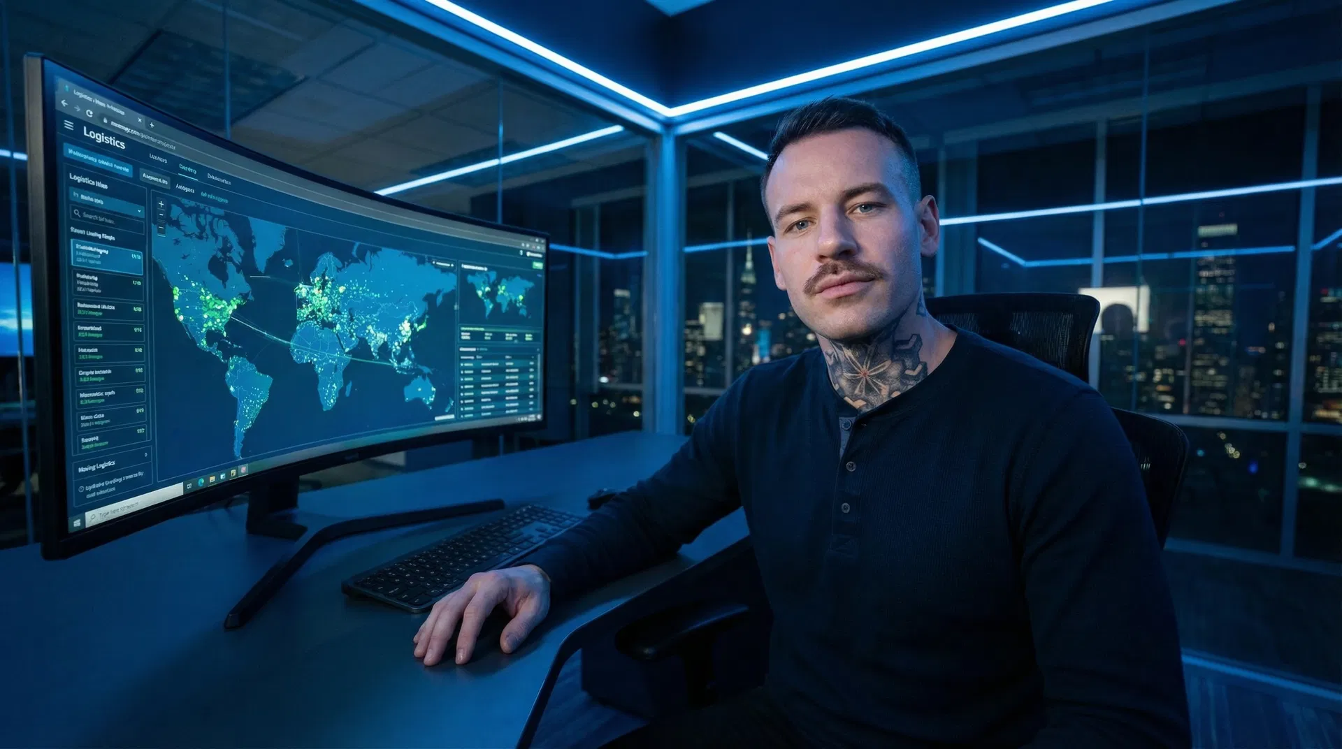 Justin Fogle working at his desk managing moving logistics