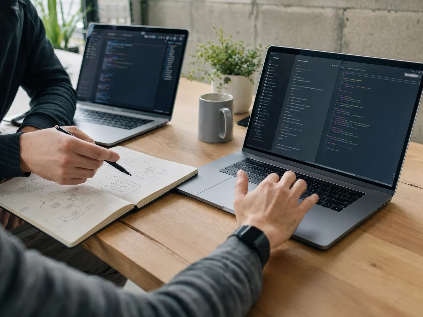 Hands sketching software architecture beside laptops