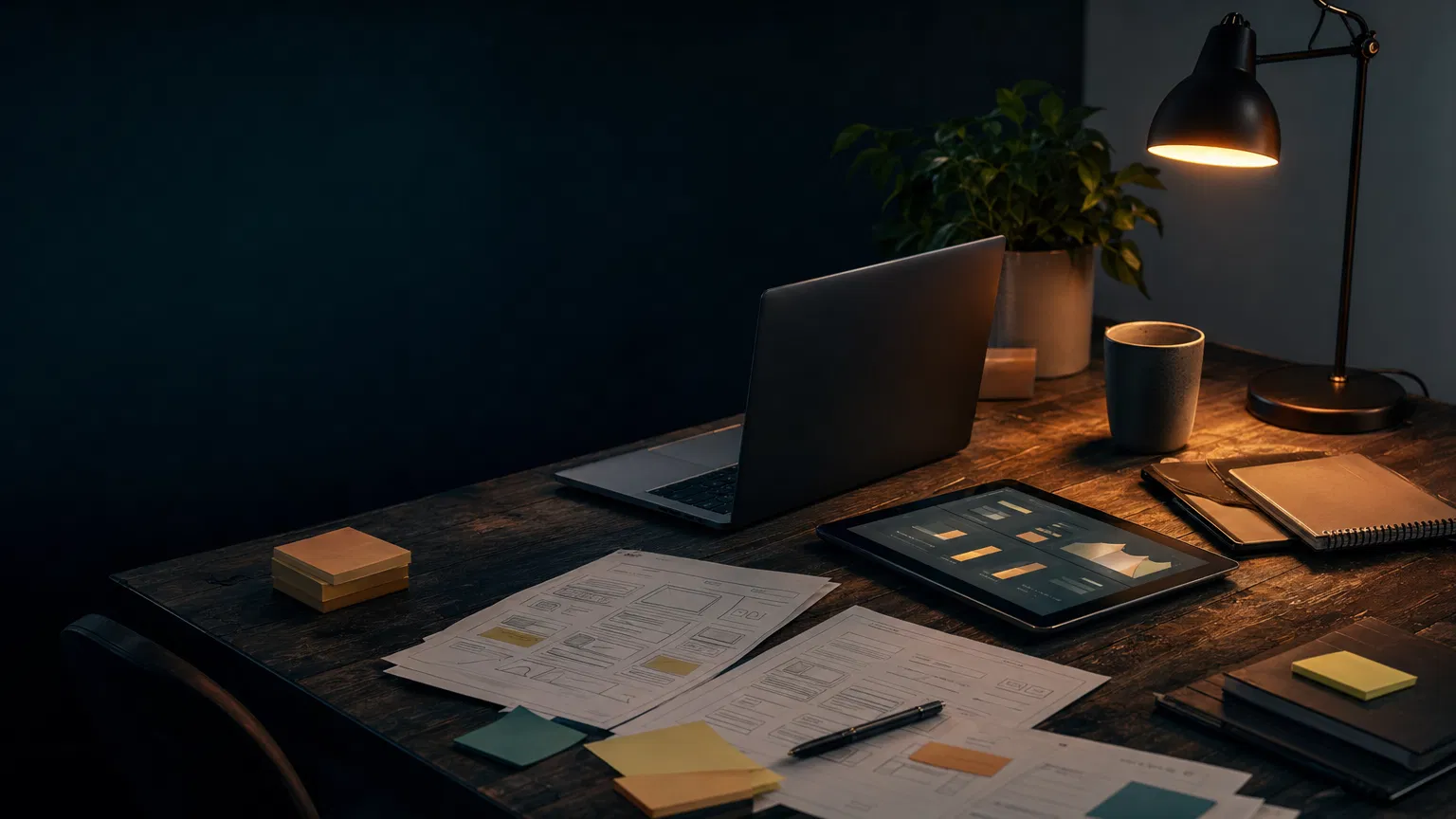 Workshop table with laptop, wireframes, and planning notes