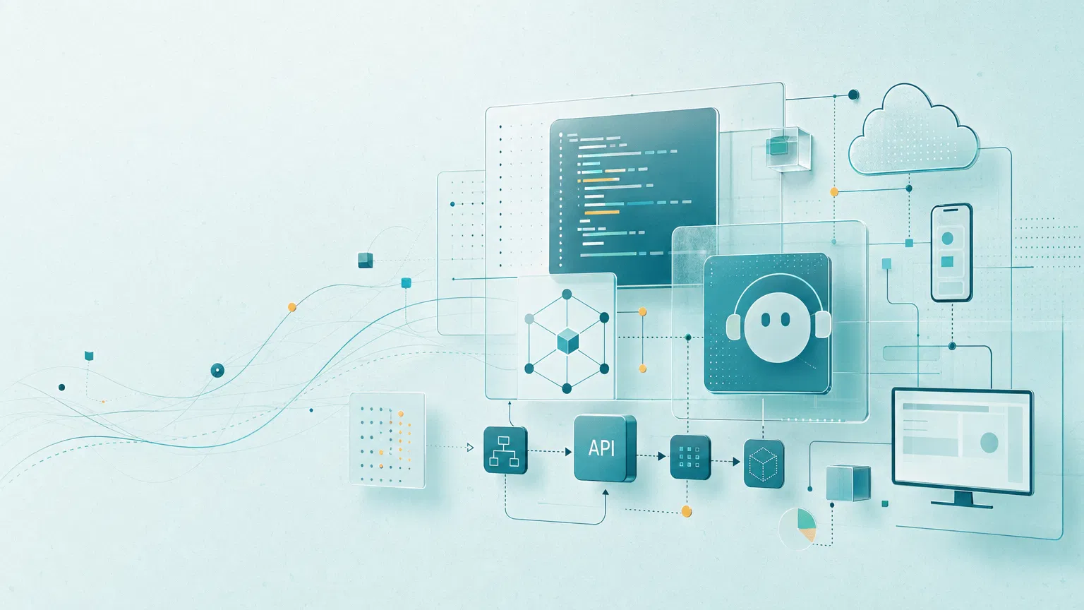 Abstract software services map with APIs, AI, cloud, and device systems