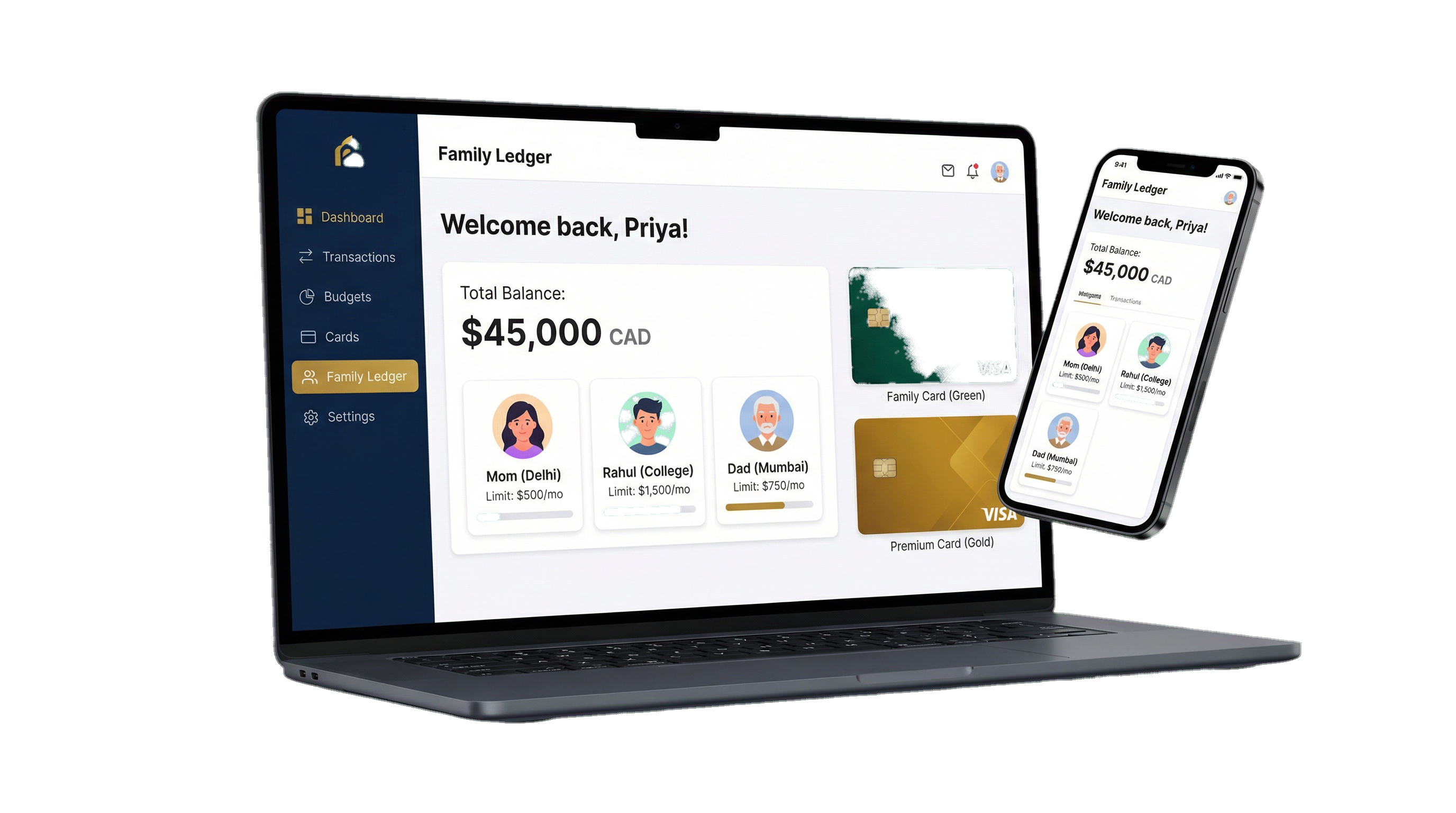 NeowBank Family Ledger Dashboard showing family members and spending limits