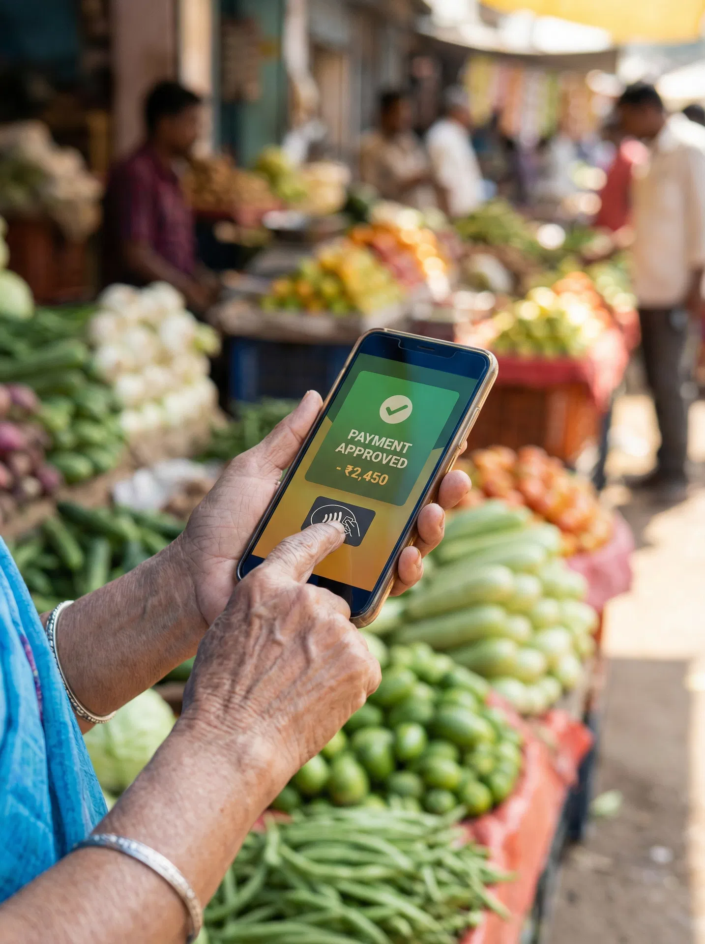 Elderly woman making a contactless payment at an Indian market using NeowBank