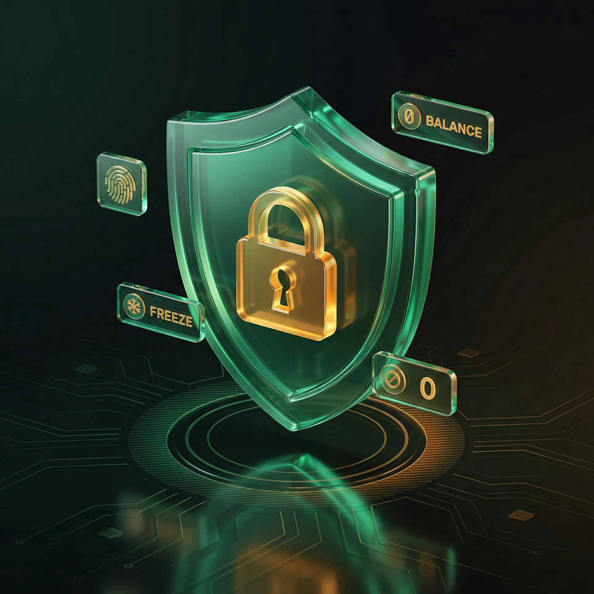 NeowBank security shield with freeze, balance, and biometric features