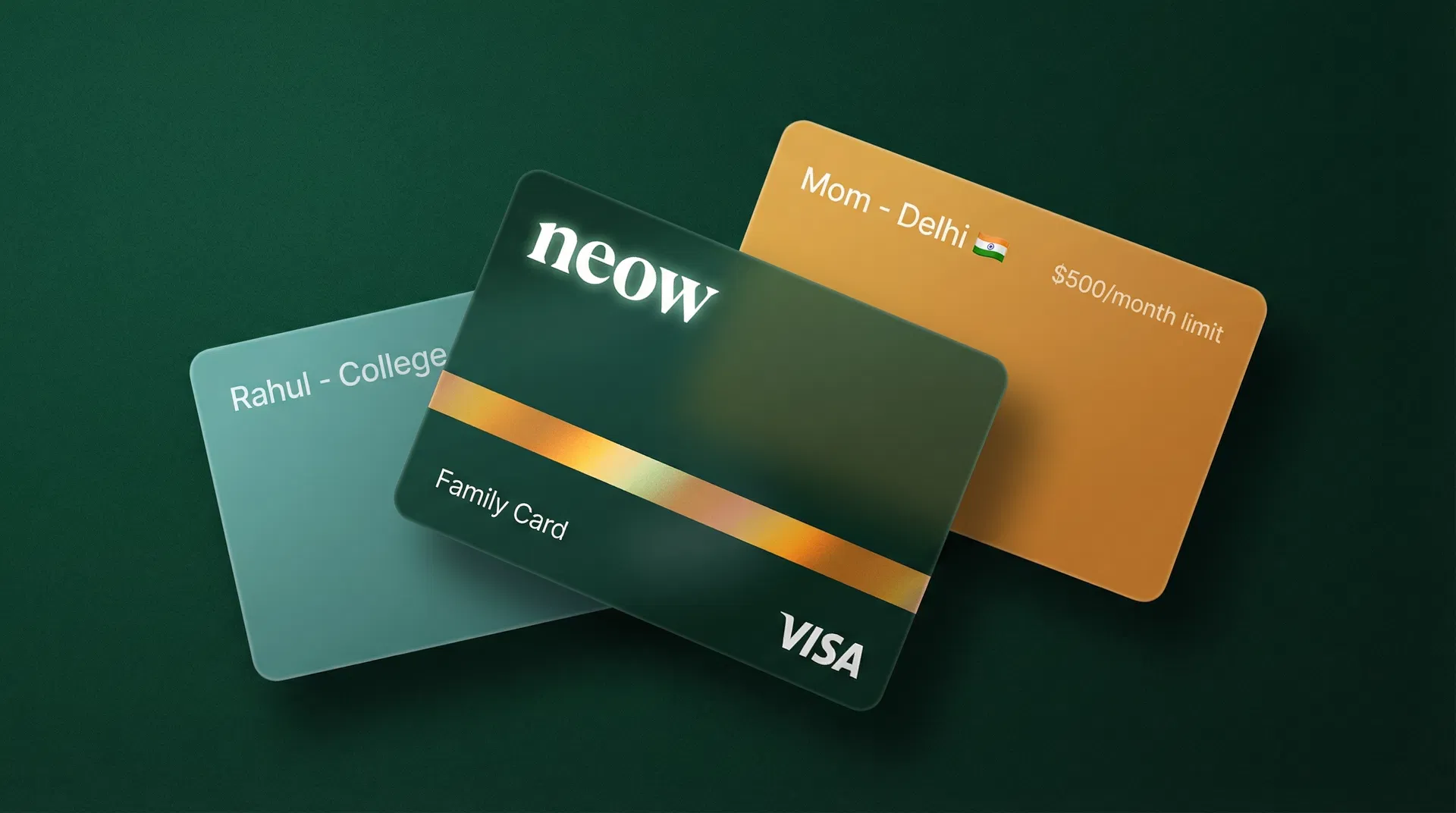 NeowBank virtual family cards showing Mom-Delhi and Rahul-College cards