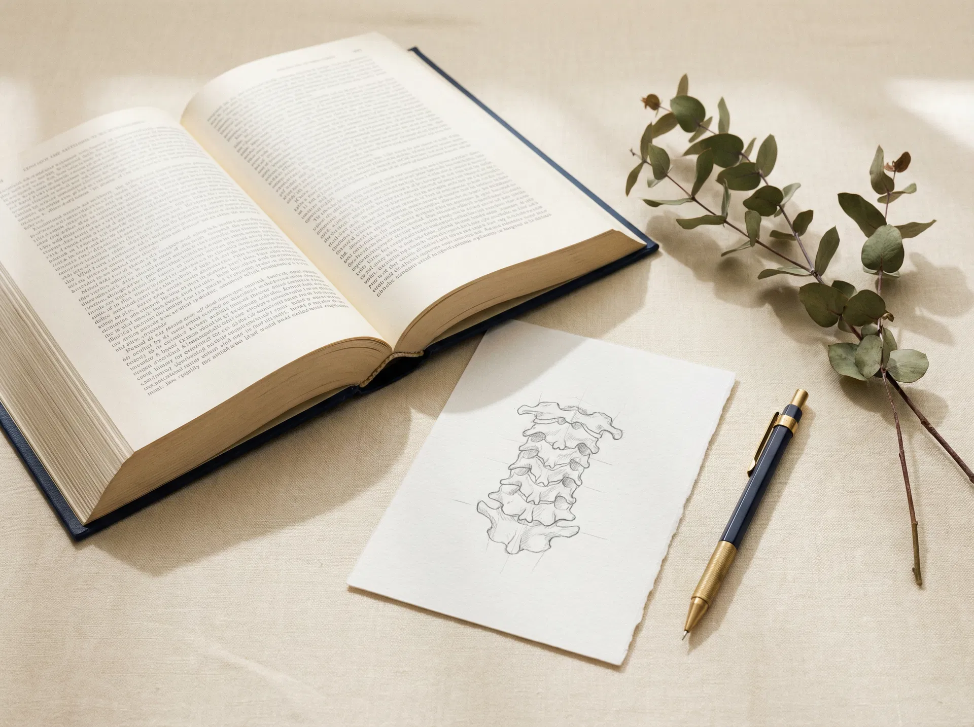 Open research book with cervical spine anatomical sketch and eucalyptus