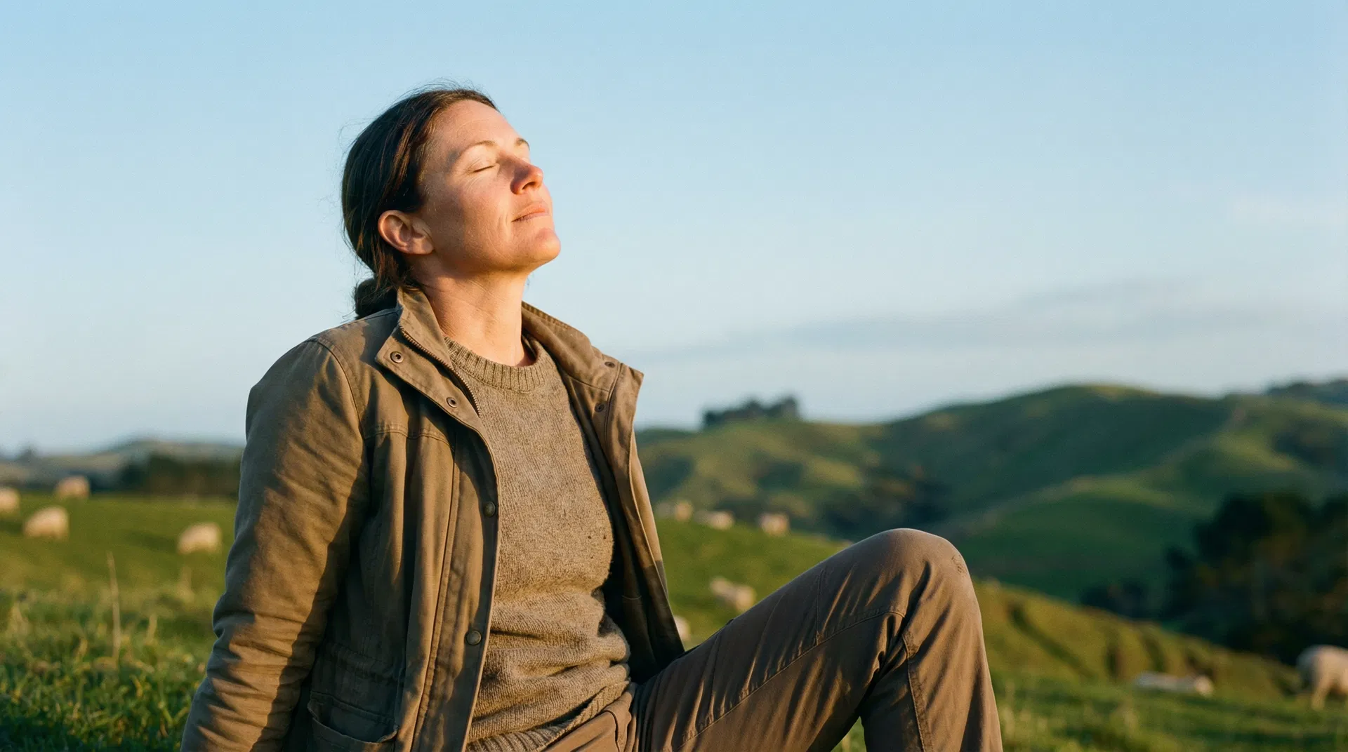 Person free from headache pain, head tilted back in relief outdoors