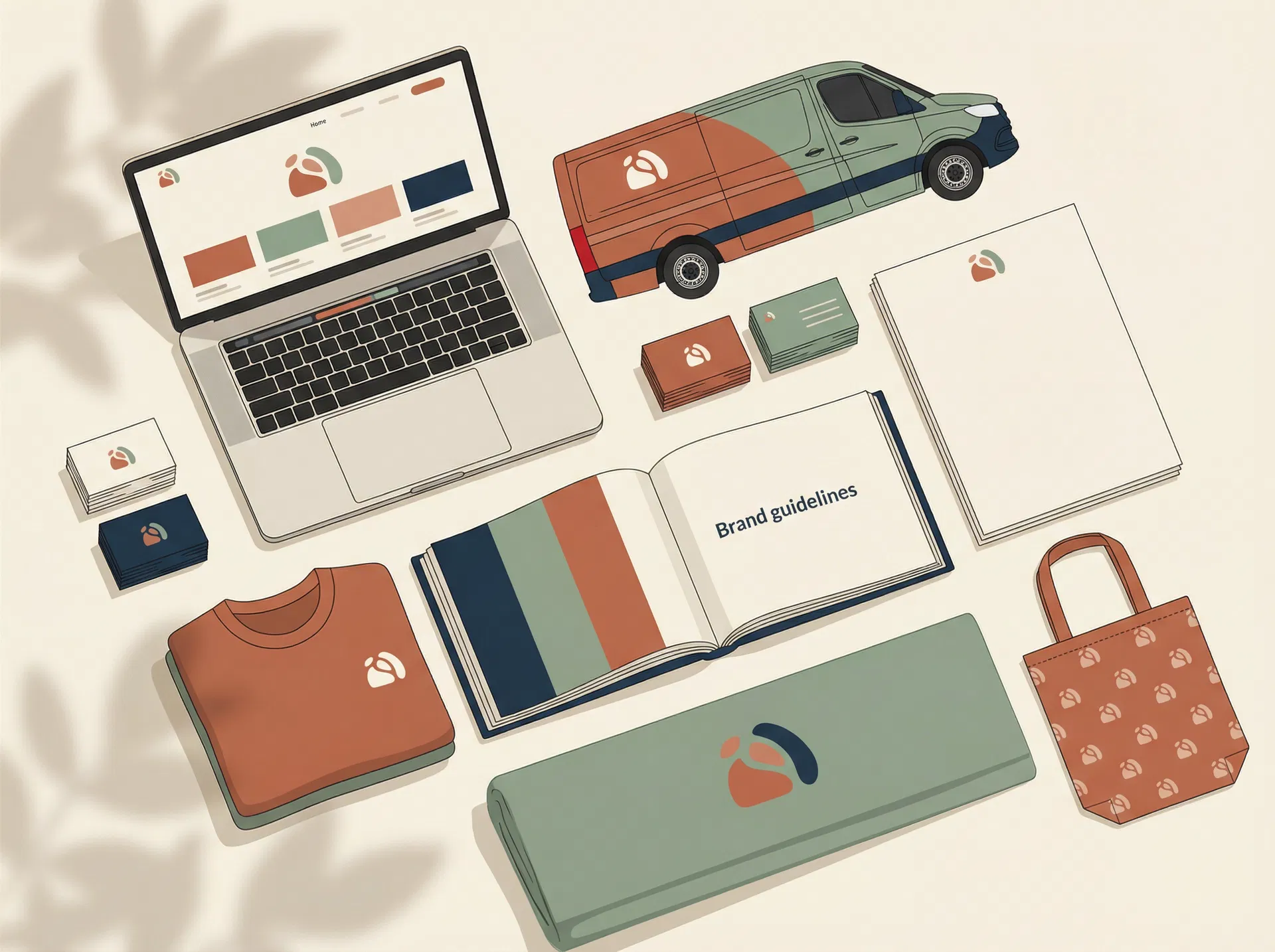 Full branding package showing logo, business cards, website, vehicle wrap, apparel, and brand guidelines